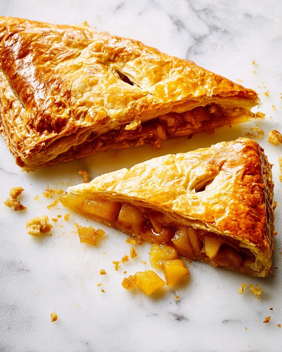 The image shows a golden brown pastry with a flaky and crisp texture. It is cut into triangular slices, revealing a filling inside made of small, soft, yellowish chunks that look like cooked fruit, likely apple. The pastry has a shiny surface with small vent holes and some darker brown spots around the edges, showing it is well baked. There are scattered crumbs and pieces of the same filling on a white marbled surface. photo taken with an iphone --ar 4:5 --v 7
