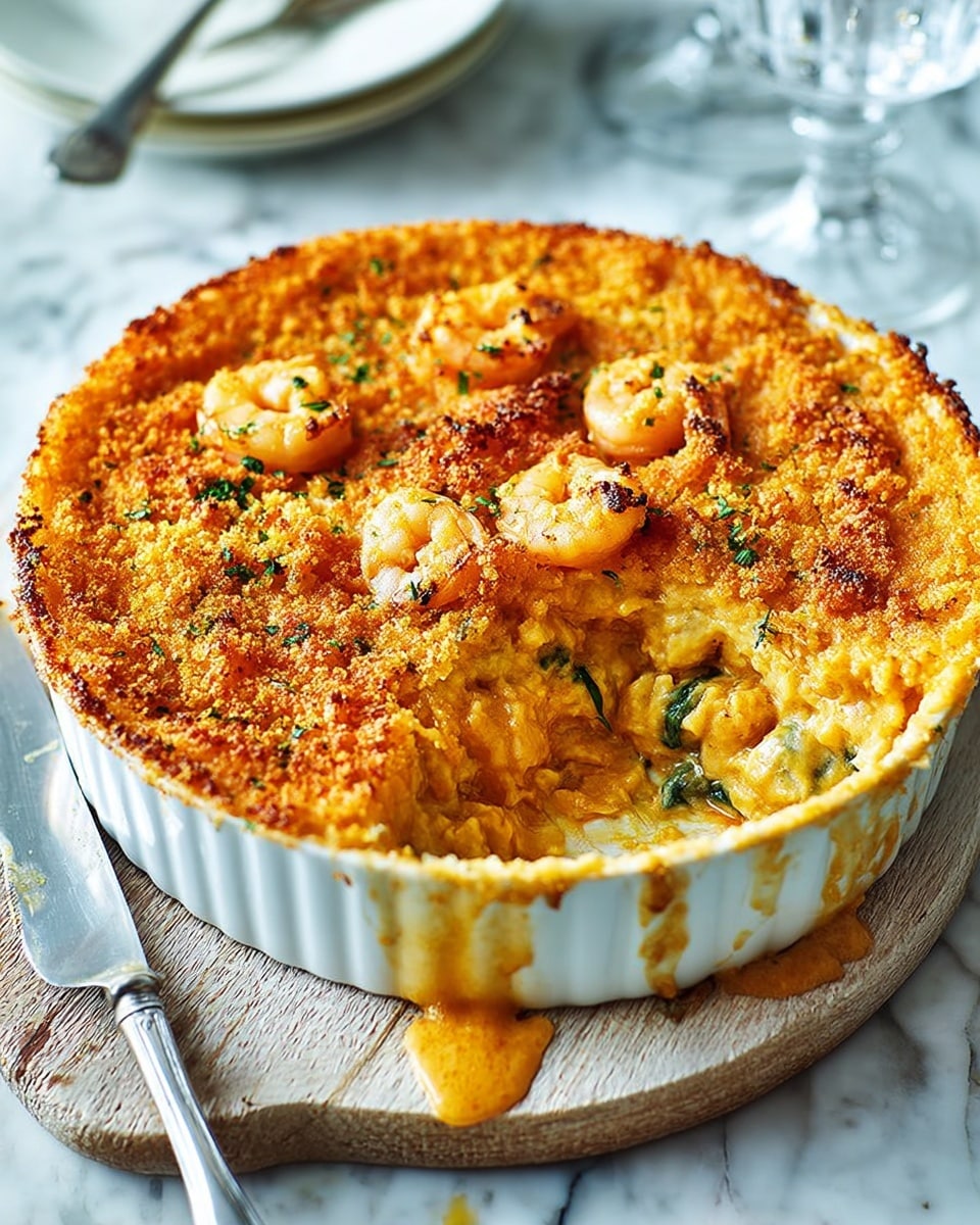 A round baked dish sits on a wooden board with a white marbled surface underneath. The dish has two layers: the top layer is a golden-brown, slightly crispy mashed texture with some darker browned spots, while the bottom layer is creamy and pale with visible pieces of shrimp and green herbs mixed inside. The edge of the round white baking dish shows some orange sauce dripping down the sides. A silver knife rests on the right side of the board. Photo taken with an iphone --ar 4:5 --v 7