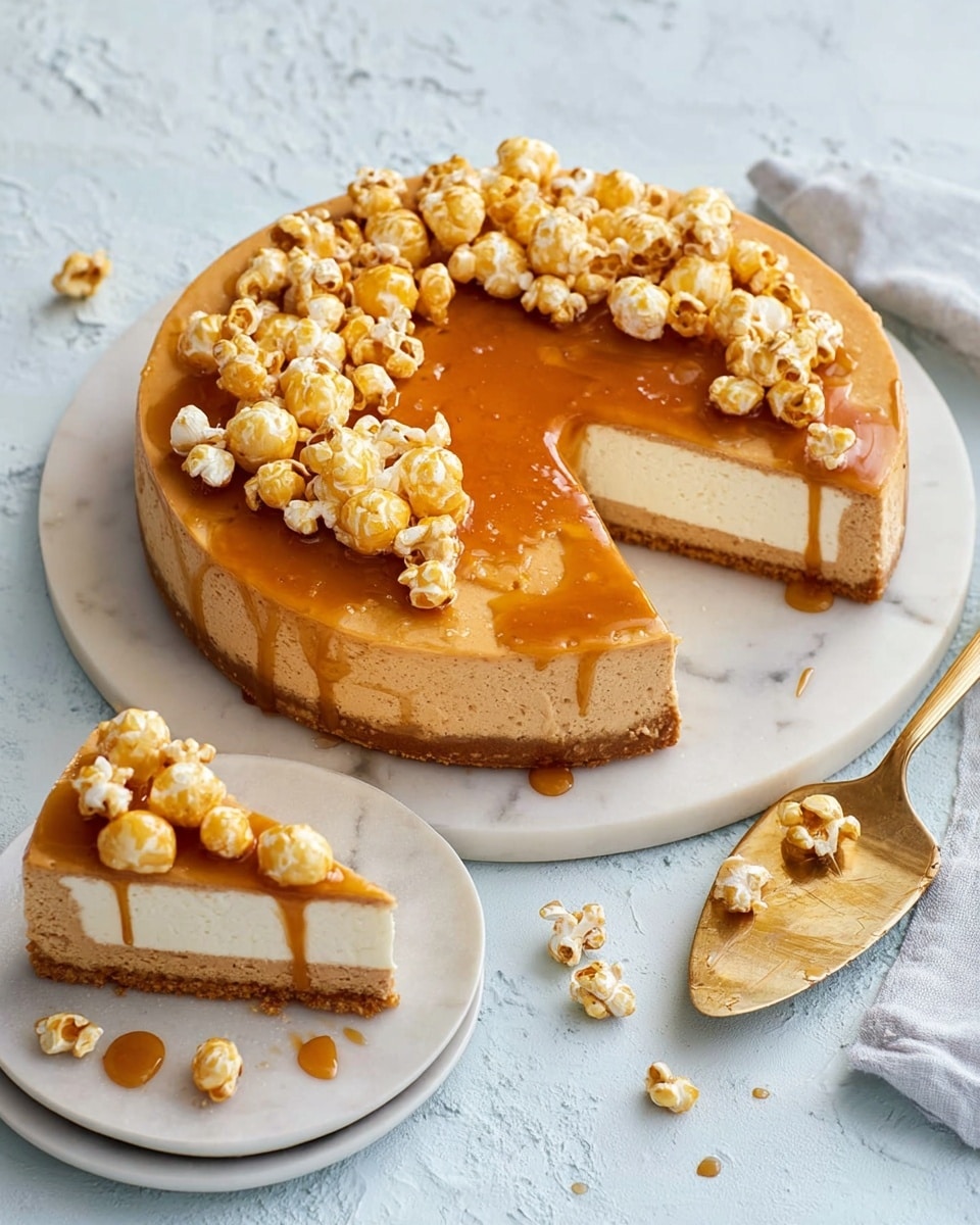 A round, single-layer caramel-colored cheesecake is placed on a white plate, drizzled with golden syrup and topped with caramel popcorn scattered unevenly across the surface. One slice is cut out, showing the smooth, dense texture of the cheesecake. Next to the main cake, a slice is served on a white plate, revealing three visible layers: a crumbly brown base, a thick creamy white middle, and a caramel-colored top. The slice also has some caramel popcorn and syrup on the plate. The background is a white marbled texture, with a gold cake server placed near the main cheesecake. Photo taken with an iphone --ar 4:5 --v 7