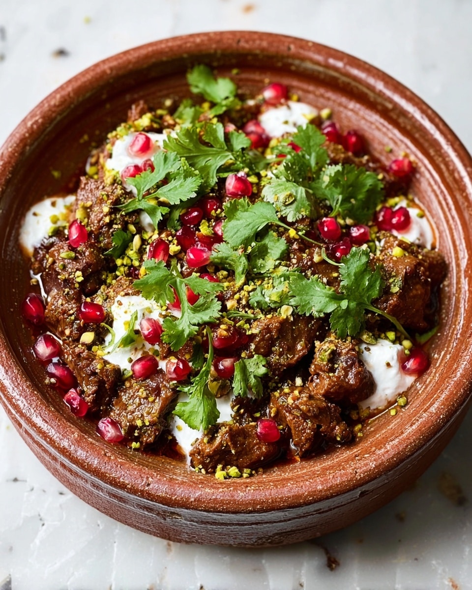 The image shows a round dish with thick, crumbly cooked meat pieces in a rich brown sauce, arranged in the center of a white marbled surface. The meat is topped with some white creamy dollops scattered in the middle layer, then sprinkled with green herbs and bright red pomegranate seeds. There are also small chopped nuts sprinkled over the whole dish, adding texture. The dish is served in a rustic brown clay bowl that has a rough texture and some chips on the edges. photo taken with an iphone --ar 4:5 --v 7