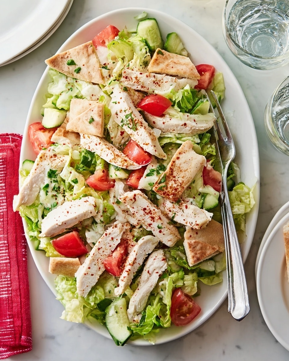 A white oval plate filled with a fresh salad arranged in layers: the bottom layer is made of green lettuce leaves, followed by chopped red tomatoes and cucumber pieces. On top, there are sliced cooked chicken breast pieces, lightly sprinkled with a red spice. Scattered among the layers are chunks of light brown toasted pita bread. The plate sits on a white marbled surface with a silver fork and spoon partially under the plate on the right side, and part of a clear drinking glass is visible nearby. photo taken with an iphone --ar 4:5 --v 7