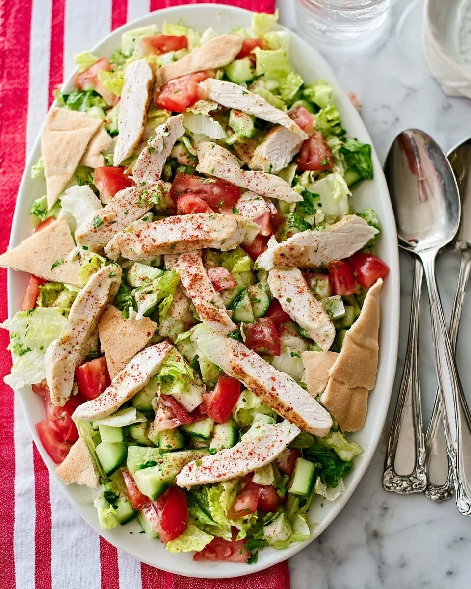 A white oval plate is filled with a fresh salad featuring several layers: the base is green lettuce leaves, followed by bright red tomato wedges and light green cucumber pieces scattered throughout. On top, there are thick slices of white cooked chicken breast, lightly seasoned with a sprinkle of dried herbs or spices. Chunks of light beige pita bread are spread around the plate, adding texture. The plate sits on a white marbled surface with a woman's hand holding a fork resting on the right side of the plate near a clear glass of water. photo taken with an iphone --ar 4:5 --v 7