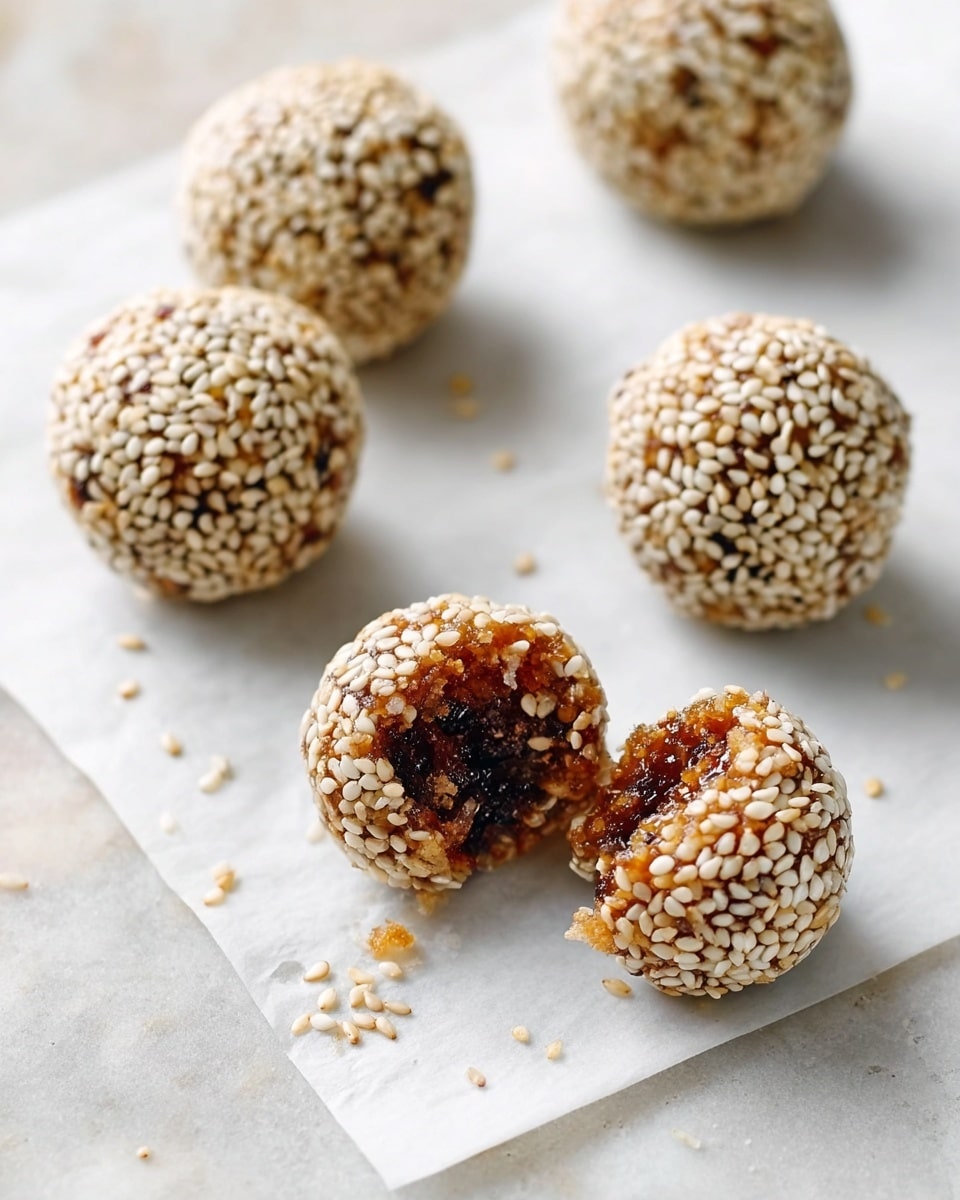 The image shows round bite-sized sweets covered completely with white sesame seeds. One of the sweets is broken open to reveal a sticky, dark brown filling that looks moist and textured with nuts or dried fruits. The sweets are placed on white parchment paper that rests on a white marbled surface. The arrangement is simple, with some seeds scattered around the sweets. The focus is sharp on the front sweets while the others blur softly into the background. photo taken with an iphone --ar 4:5 --v 7