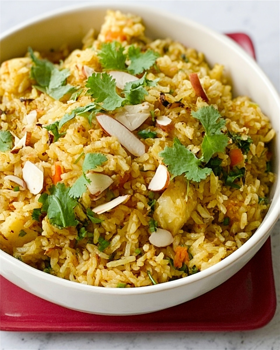 A close-up image of a red round pot filled with yellow-colored rice mixed with chunks of vegetables and spices, topped with fresh green cilantro leaves and thin slices of almonds scattered on the surface. The rice looks fluffy with visible textures of grains and cooked vegetables, showing hints of brown from spices and herbs. The pot is placed on a red metal stand set on a white marbled surface, and in the top left corner, a white and red striped cloth is partly visible. The photo taken with an iphone --ar 4:5 --v 7