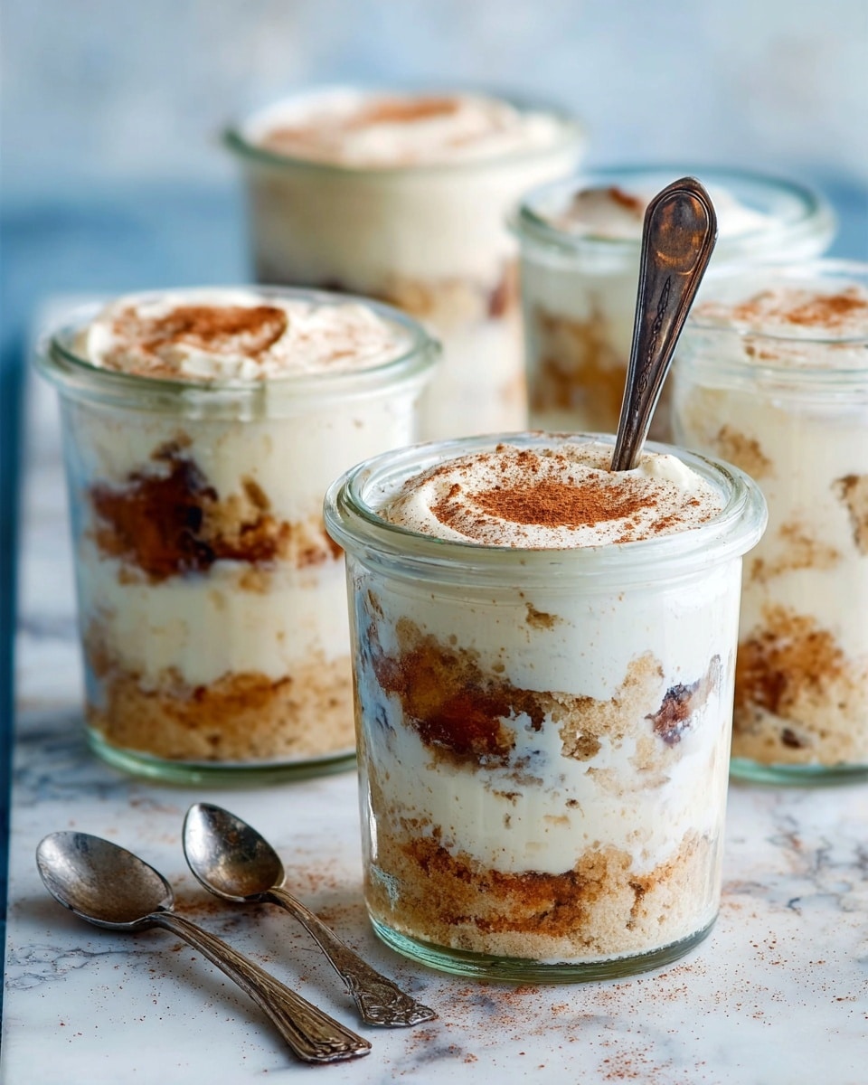 Four small clear glass jars sit on a white marbled surface, each filled with three visible layers: a bottom layer of chunky, light brown oat mixture with dark brown raisin pieces, a thick middle layer of creamy white yogurt, and a top layer dusted with light brown cinnamon powder. One jar in the front shows a silver spoon inside, standing upright. The jars are simple and round, showing the textures inside clearly. The background is softly blurred with more jars visible, enhancing the focus on the front jars. photo taken with an iphone --ar 4:5 --v 7
