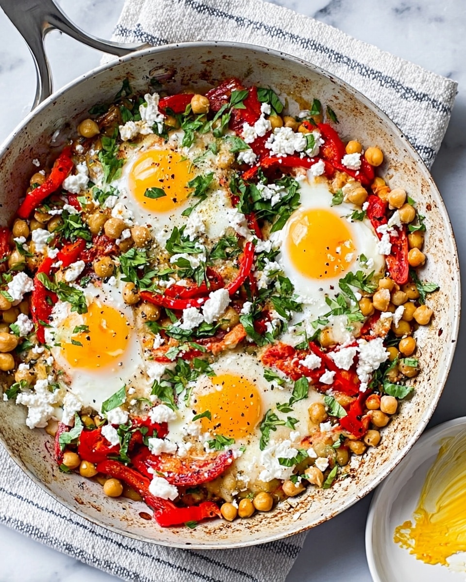 A white metal pan sits on a white marbled surface with a blue and white striped cloth under it. Inside the pan, there are three cooked eggs with soft, bright yellow yolks surrounded by white, each topped with a little black pepper. Around and between the eggs, there are small round chickpeas in light tan color, slices of roasted red bell pepper with bright red skin, and small white pieces of crumbled cheese scattered evenly. Green mint leaves are spread on top, adding fresh color. To the right side, there is a piece of round bread with a bite taken, resting on the surface. Photo taken with an iphone --ar 4:5 --v 7