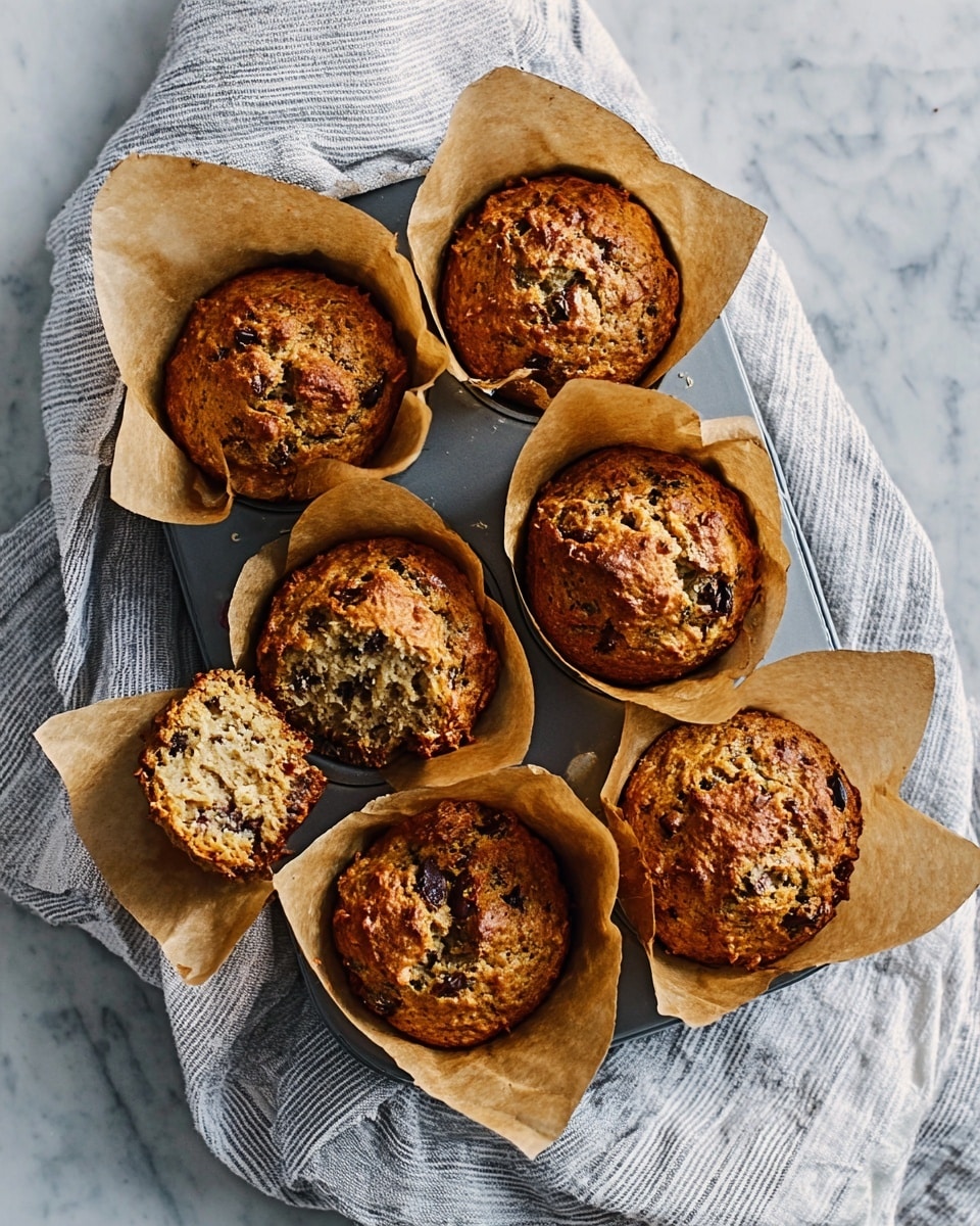 The image shows six muffins in a metal baking tray, each wrapped in brown parchment paper. The muffins are golden brown with a slightly cracked top, showing a moist inside with darker bits, possibly chips or nuts. One muffin is partly eaten, revealing its soft texture and crumbly inside. The tray rests on a white fabric with thin gray stripes on a white marbled surface. photo taken with an iphone --ar 4:5 --v 7