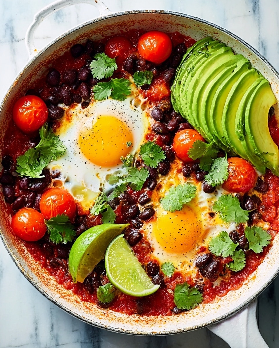 A white pan holds a colorful dish with two bright yellow sunny-side-up eggs placed near the center. Around the eggs, there is a rich red tomato sauce base with black beans scattered over it. On one side of the pan, there are several slices of green avocado neatly arranged in a fan shape, and on the other side, a lime wedge sits near the edges. Bright red cherry tomatoes and fresh green cilantro leaves are sprinkled across the dish, adding pops of color. The pan rests on a white marbled surface. Photo taken with an iphone --ar 4:5 --v 7