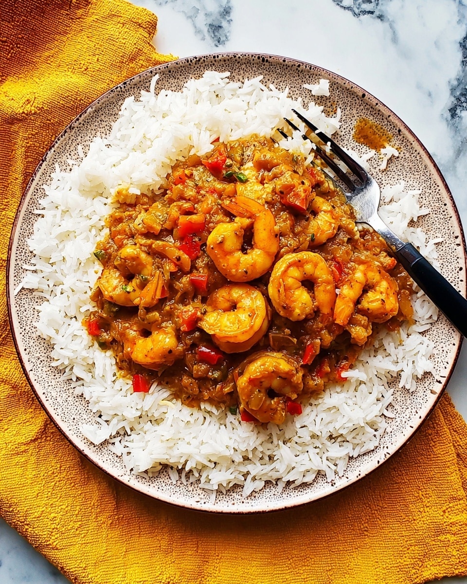 The image shows a white plate with a layer of fluffy white rice spread evenly on the bottom. On top of the rice is a thick, brownish-red shrimp stew with visible chunks of shrimp and small pieces of vegetables like red bell peppers and onions mixed into the sauce. The shrimp are curled and cooked, adding texture and color contrast to the dish. A black fork rests on the right side of the plate, partially on the rice and stew. The plate is set on a white marbled surface with a brown cloth napkin nearby. photo taken with an iphone --ar 4:5 --v 7
