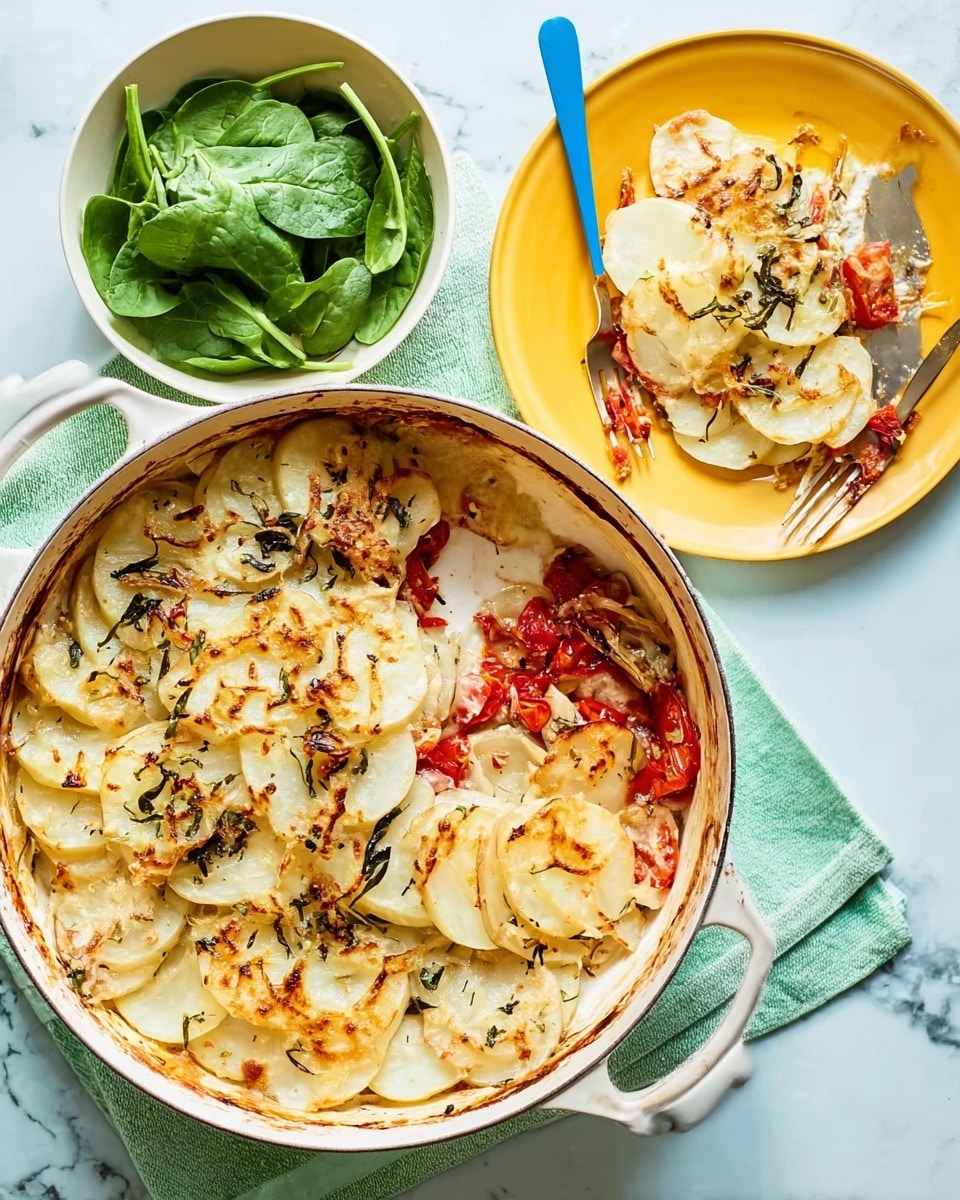 The image shows a white round baking dish filled with layered slices of cooked potatoes and onions, topped with melted cheese that is golden and slightly browned, sprinkled with herbs. The layers inside the dish appear soft and creamy, with some red pepper pieces visible within the layers. To the left, there is a white plate with a serving of the same dish on it, the potato and onion slices mixed with pieces of red pepper and cheese scattered loosely, alongside a fork with a light blue handle. Above the plate, a white bowl holds fresh green spinach leaves. The items are placed on a white marbled surface with a light green cloth underneath the baking dish and plate. photo taken with an iphone --ar 4:5 --v 7