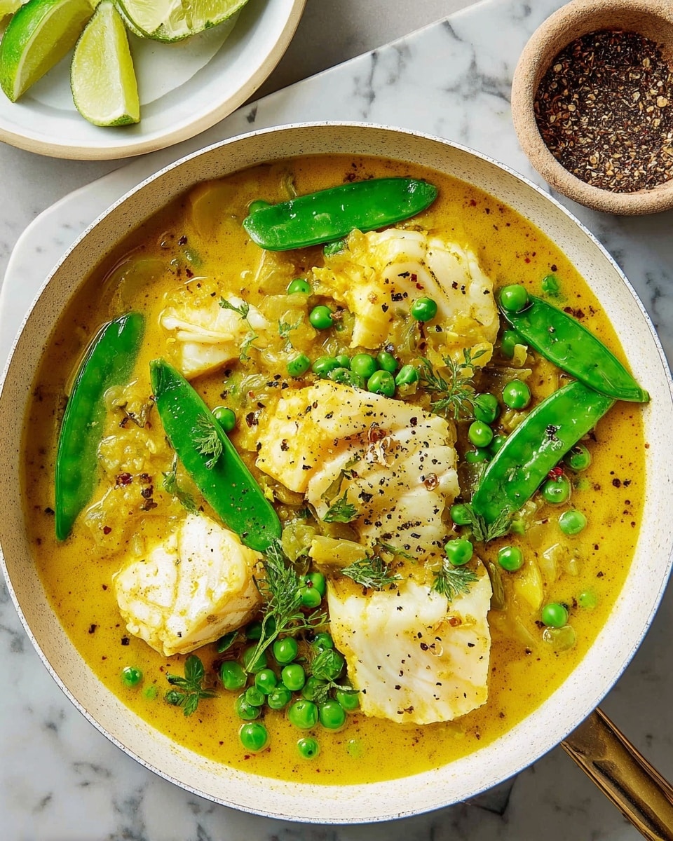 A silver pan filled with a yellow curry sauce forms the base layer, covering the bottom and sides. On top, scattered pieces of white fish are visible, showing flaky and slightly browned textures. Bright green peas and sugar snap peas are spread over the fish, adding fresh round and curved shapes. The dish is sprinkled with coarse black pepper, creating tiny dark spots across the surface. The pan sits on a white marbled surface with small bowls of lime wedges and crushed pepper nearby. photo taken with an iphone --ar 4:5 --v 7