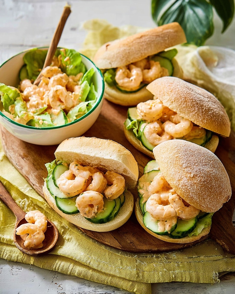 Four shrimp rolls are placed on a round wooden board. Each roll has a soft, lightly browned bun filled with pale pink shrimp mixed with a creamy sauce, layered with fresh bright green lettuce and thin slices of dark green cucumber. A small white bowl with a green rim, filled with more shrimp in creamy sauce, sits at the top of the board. There are lime green napkins on the board and a wooden spoon with a few shrimp on it resting nearby. The background is a white marbled textured surface. photo taken with an iphone --ar 4:5 --v 7