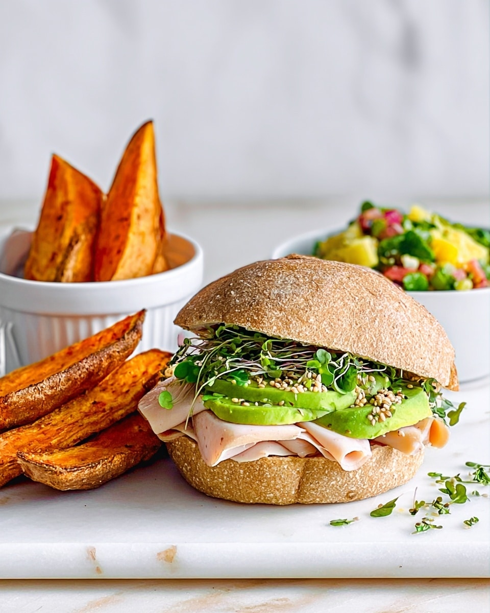 A white sandwich bun with three visible layers: the bottom layer shows neatly sliced avocado with a smooth, green texture; the middle layer has light pink slices of turkey breast folded gently; the top layer is covered with chopped green herbs scattered on top. To the left, there are several triangular golden brown potato wedges arranged in a small pile. Behind the sandwich, there is a white bowl filled with a fresh green salad that includes bright green lettuce and yellow and red vegetable pieces. All items are placed on a white marbled surface. photo taken with an iphone --ar 4:5 --v 7