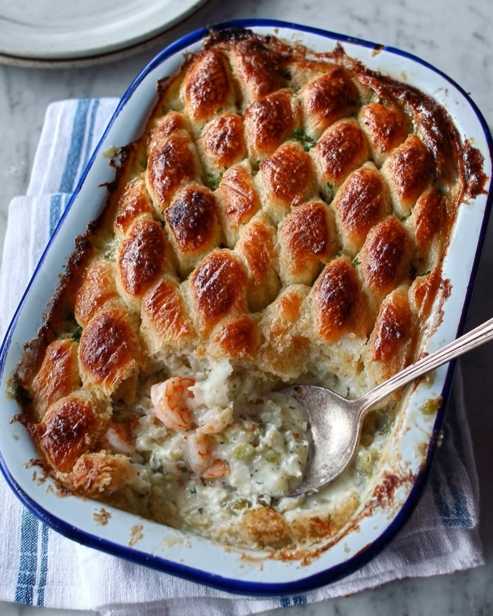The dish is a baked casserole in a white and blue enamel baking dish resting on a white marbled surface with a white and blue striped cloth underneath. The top layer is golden brown and braided with a toasted, slightly crispy texture. Underneath, there is a creamy light-colored sauce mixed with visible chunks of pink shrimp and pieces of white fish. A silver spoon is scooping out a portion from the side, revealing the layers beneath the braided crust. Photo taken with an iphone --ar 4:5 --v 7