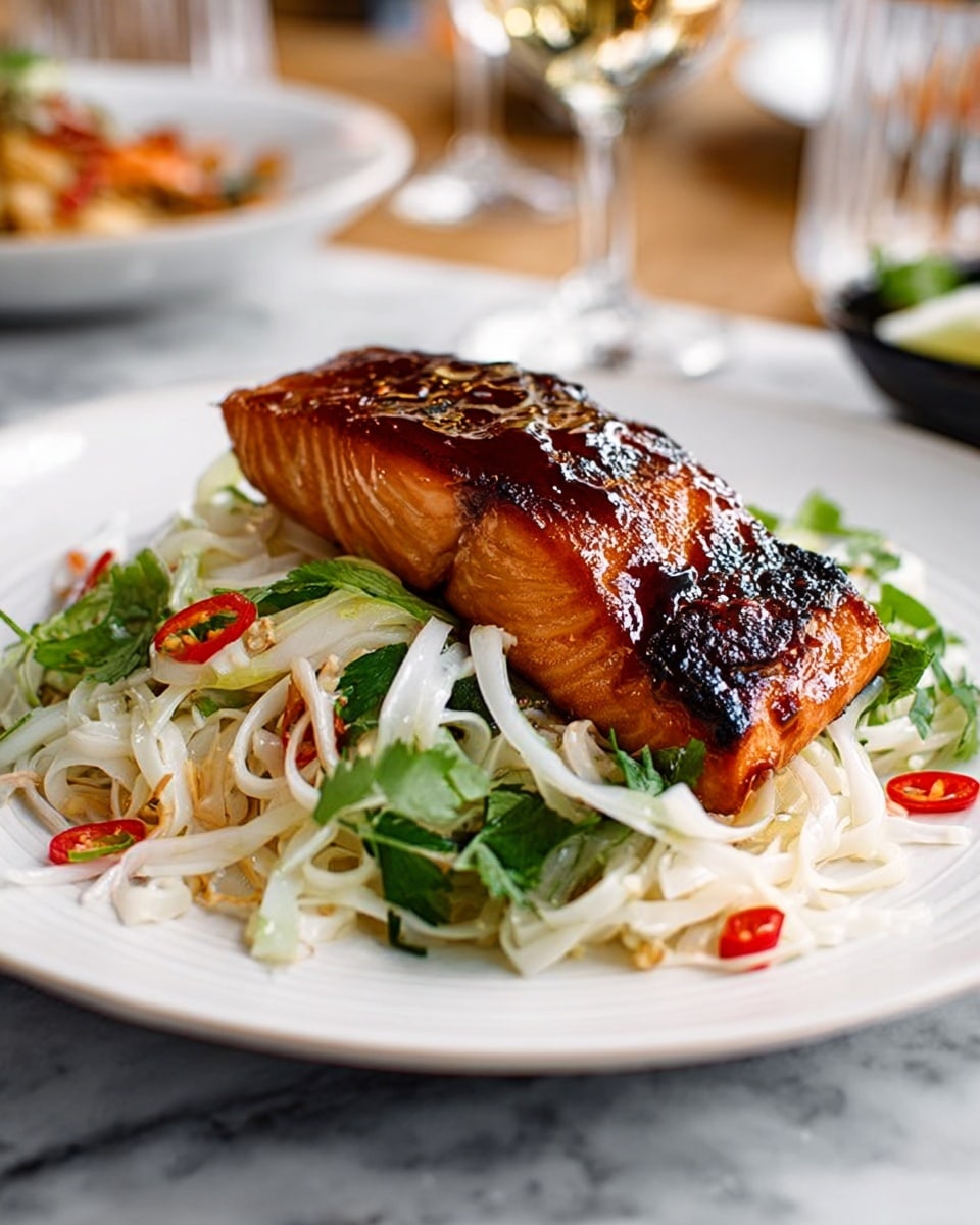 The image shows a white plate on a white marbled surface with a nicely grilled salmon fillet sitting on top of a bed of rice noodles mixed with green herbs like cilantro, sliced red chili peppers, and white onions. The salmon is golden brown with a slightly shiny, glazed texture and visible grill marks, while the noodles underneath are pale white with fresh green and red accents from the herbs and chili. In the background, there are small white bowls and a glass of white wine slightly out of focus. Photo taken with an iphone --ar 4:5 --v 7