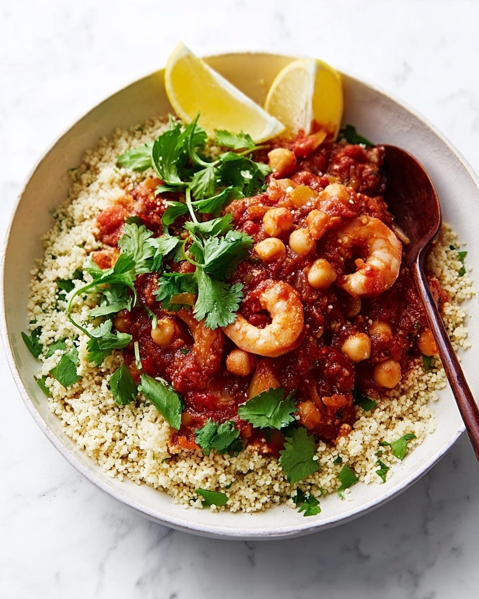 A round white bowl is filled with a base layer of light beige couscous mixed with small green herb leaves scattered throughout. On top of the couscous, there is a thick layer of reddish-brown stew made of chickpeas, small shrimp, and soft tomato chunks. Fresh green cilantro leaves are sprinkled on top of the stew, adding a bright touch. Two pale yellow lemon wedges rest on one side of the bowl. A dark wooden spoon is placed inside the bowl, leaning against the side, and a woman's hand is holding it. The bowl is set on a smooth white marbled surface. photo taken with an iphone --ar 4:5 --v 7