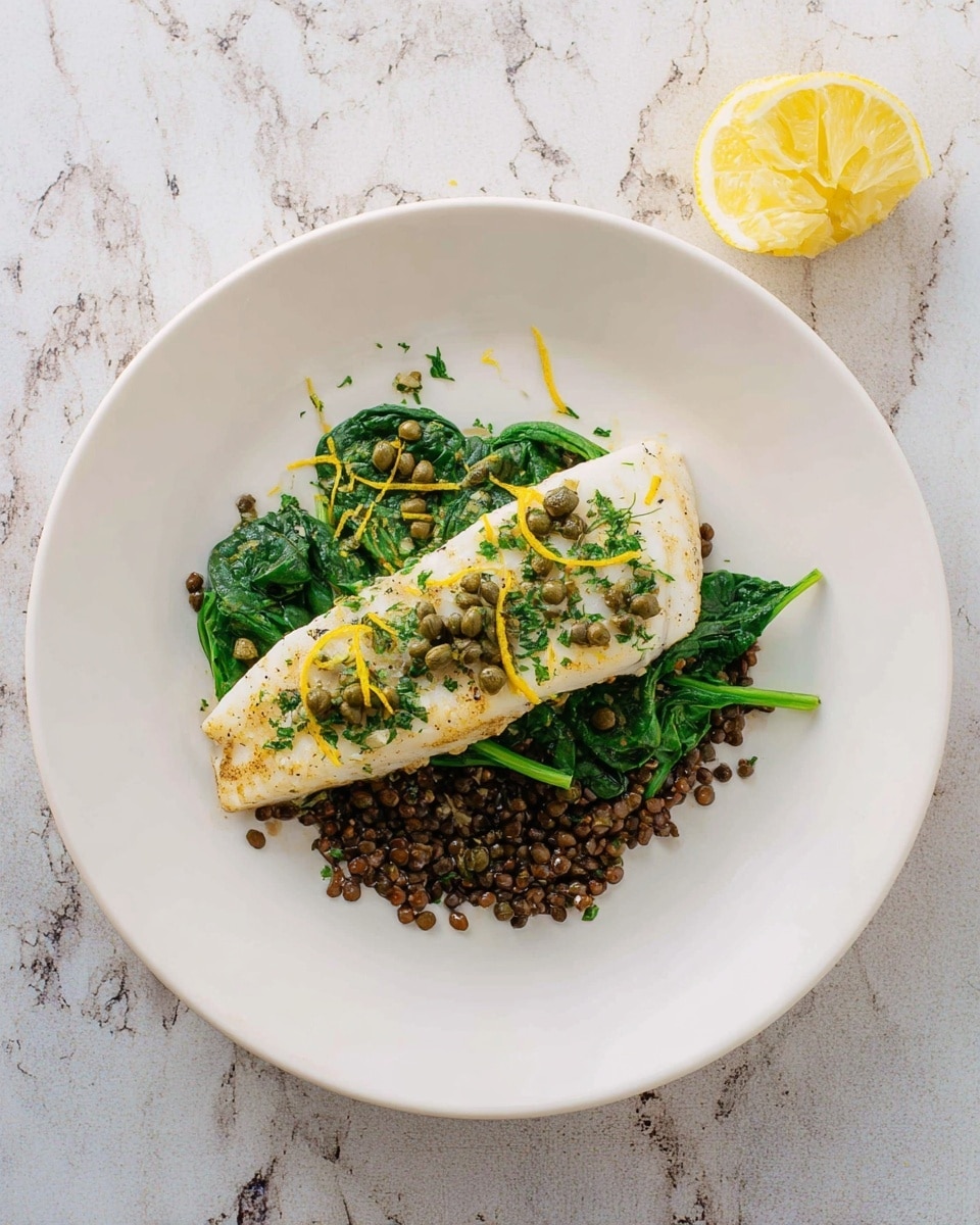 A white round plate on a white marbled surface holds a dish with three main layers: at the bottom is a mix of dark green cooked spinach and small brown lentils, on top sits a white grilled fish fillet with slight golden edges, and the fish is garnished with small green capers, finely chopped green herbs, and thin yellow lemon zest strips. Two lemon halves lie beside the plate. Photo taken with an iphone --ar 4:5 --v 7