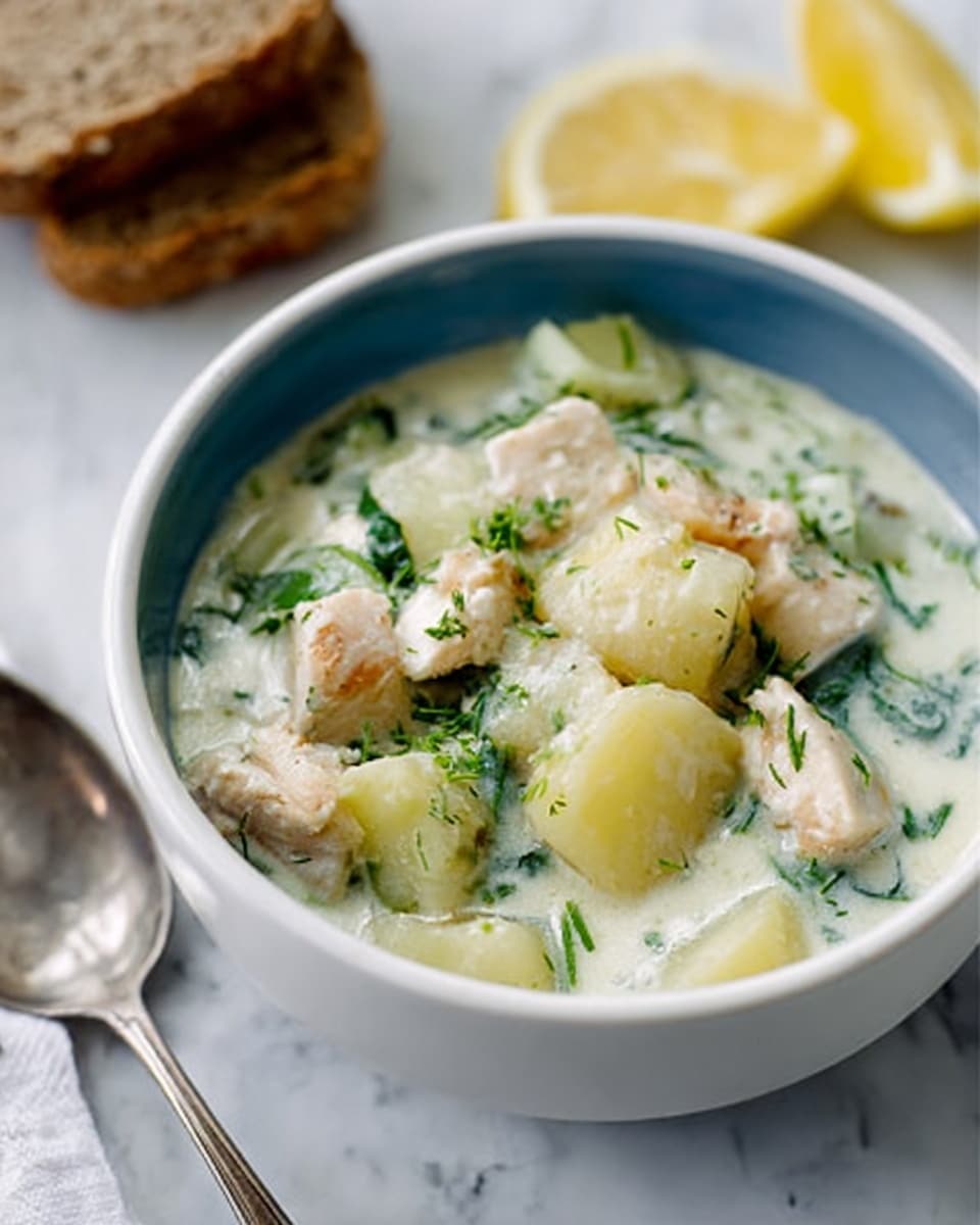 A light blue bowl holds a creamy mixture with three main layers visible: at the bottom, soft white chunks of fish, in the middle, small round white potato pieces with a tender texture, and on top, a thick cream sauce with green herbs spread evenly, giving a fresh look. The bowl sits on a white marbled surface with a folded blue cloth with thin white stripes to the left, and two lemon wedges slightly behind the bowl on the left side. The right side shows a corner of a white plate with brown crumbly bread on it. The overall image shows a soft and fresh feeling. Photo taken with an iphone --ar 4:5 --v 7