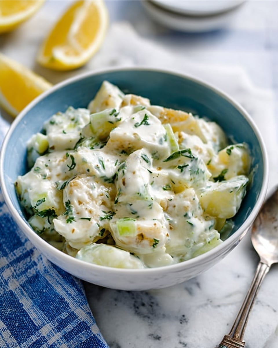 A white bowl filled with a creamy dish containing visible chunks of white fish and diced pale green vegetables, all coated in a smooth white sauce with small green herb pieces spread evenly throughout. The bowl is placed on a white marbled texture, with two lemon wedges and a piece of bread in the background. A silver fork and a blue-and-white cloth napkin are beside the bowl. photo taken with an iphone --ar 4:5 --v 7