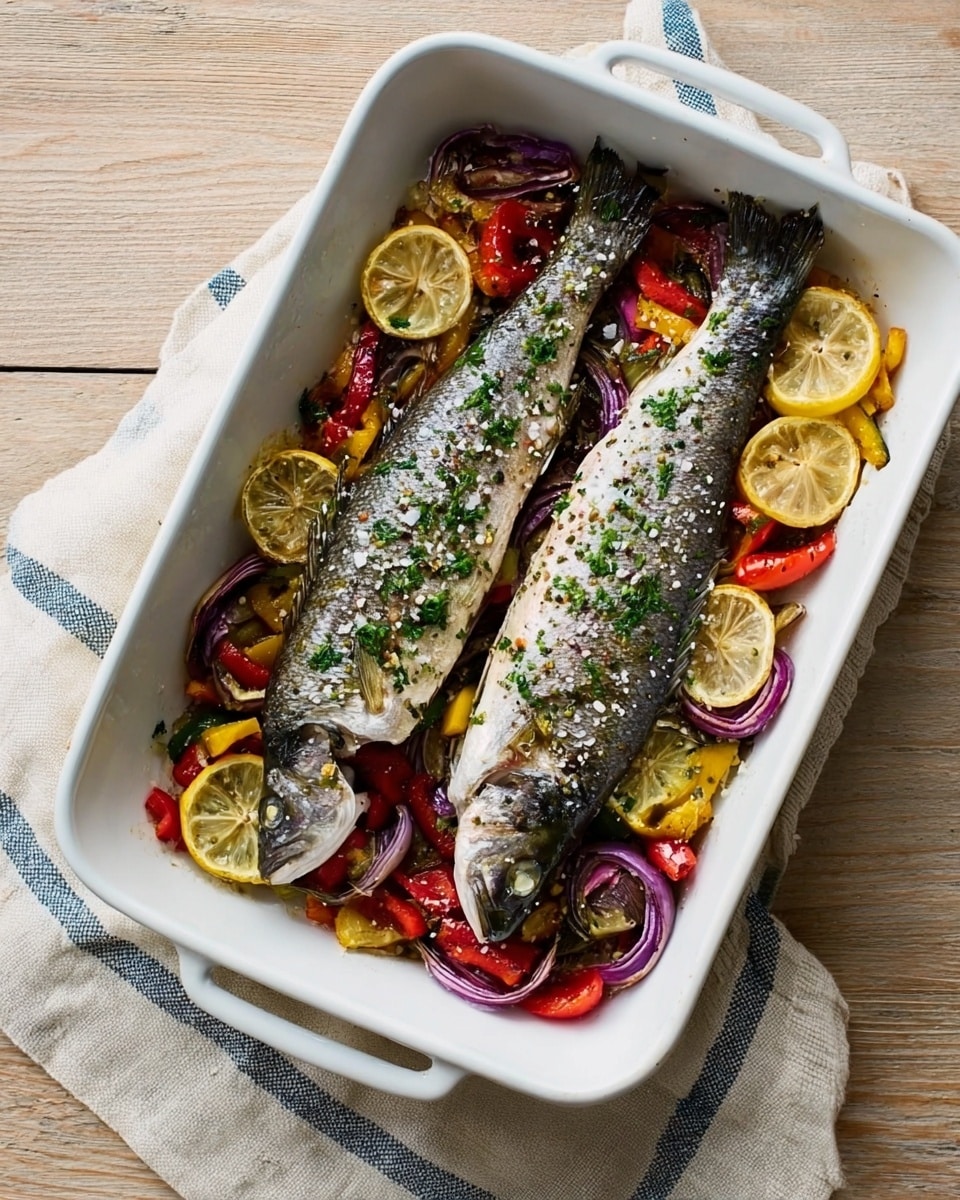 Two whole cooked fish with silvery scales and a few green herbs sprinkled on top lie side by side in a white rectangular baking dish. Below the fish, there is a colorful bed of thinly sliced red onion rings, red tomato slices, lemon slices, and scattered pine nuts. Small green herb pieces are spread over the vegetables as well. The baking dish sits on a white marbled surface with a striped cloth nearby. Photo taken with an iphone --ar 4:5 --v 7