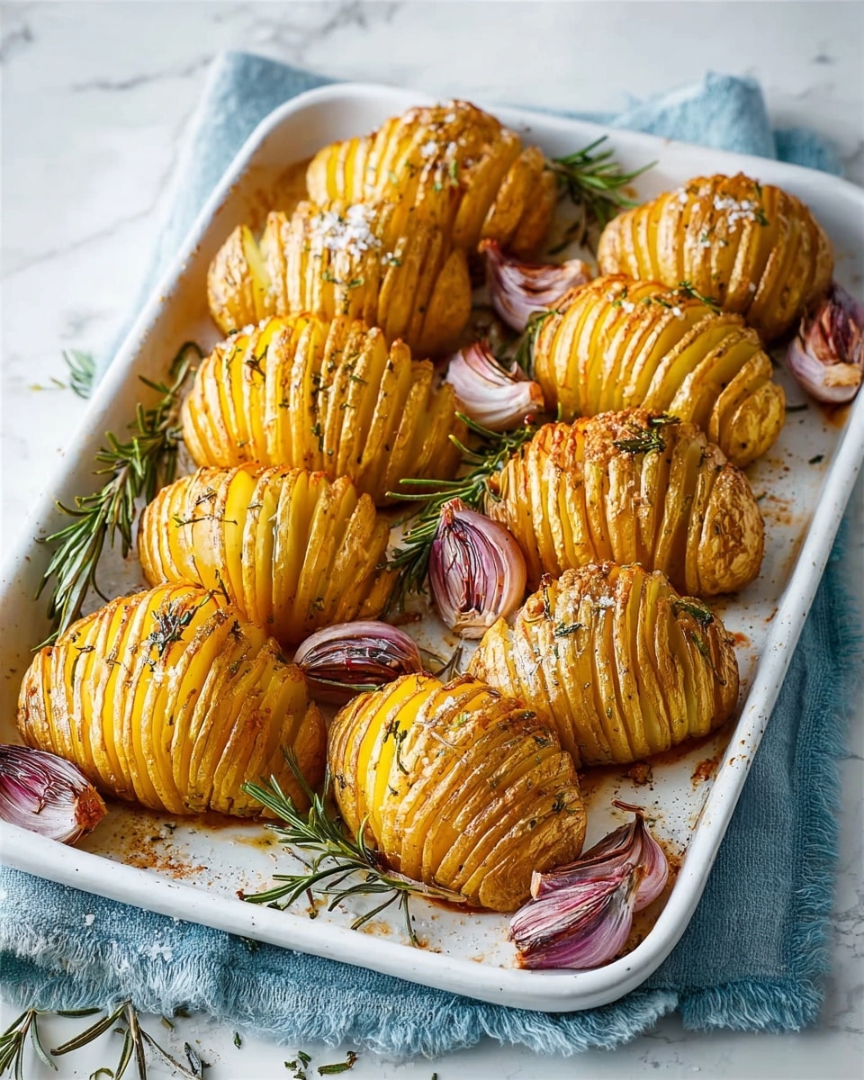 The image shows a white rectangular baking tray filled with twelve Hasselback potatoes. Each potato is sliced thinly all the way through but still connected at the base, revealing golden yellow layers with crispy, browned edges. The potatoes are seasoned with black pepper and sprinkled with coarse salt. Scattered among the potatoes are several sprigs of dark green rosemary and a few cloves of roasted garlic with slightly purple, wrinkled skin. The tray rests on a pale blue cloth, all set on a white marbled surface. photo taken with an iphone --ar 4:5 --v 7