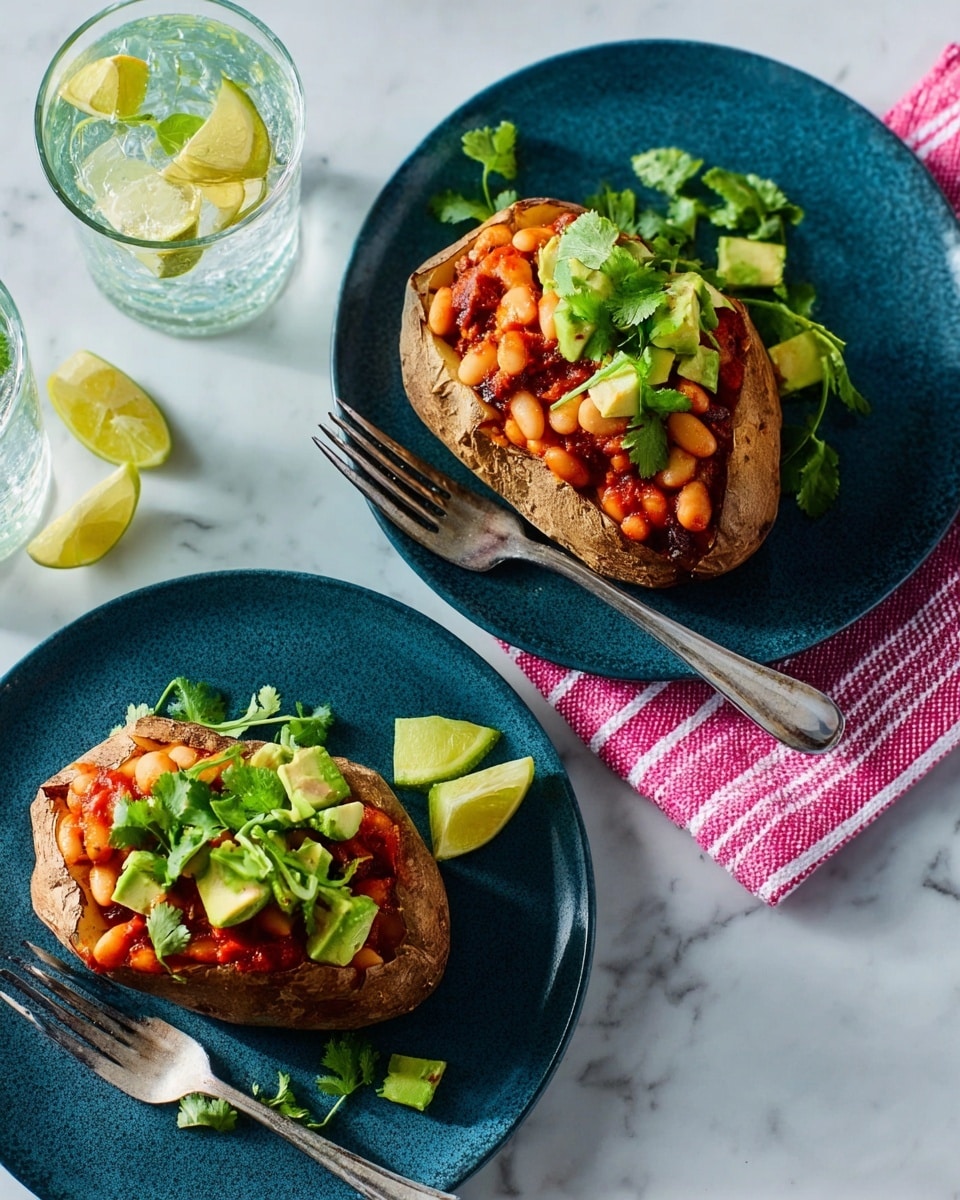 Two white plates have baked potatoes in the center, each topped with a layer of bright orange chunky sauce, a layer of light brown beans, and a layer of diced green avocado pieces. Fresh green cilantro leaves are scattered on top and around the potatoes. Lime wedges are placed next to the potatoes on each plate. A fork rests on the edge of each plate. A glass filled with clear water and a lemon slice sits next to the plate in the upper right corner. The background is a white marbled texture. Photo taken with an iphone --ar 4:5 --v 7