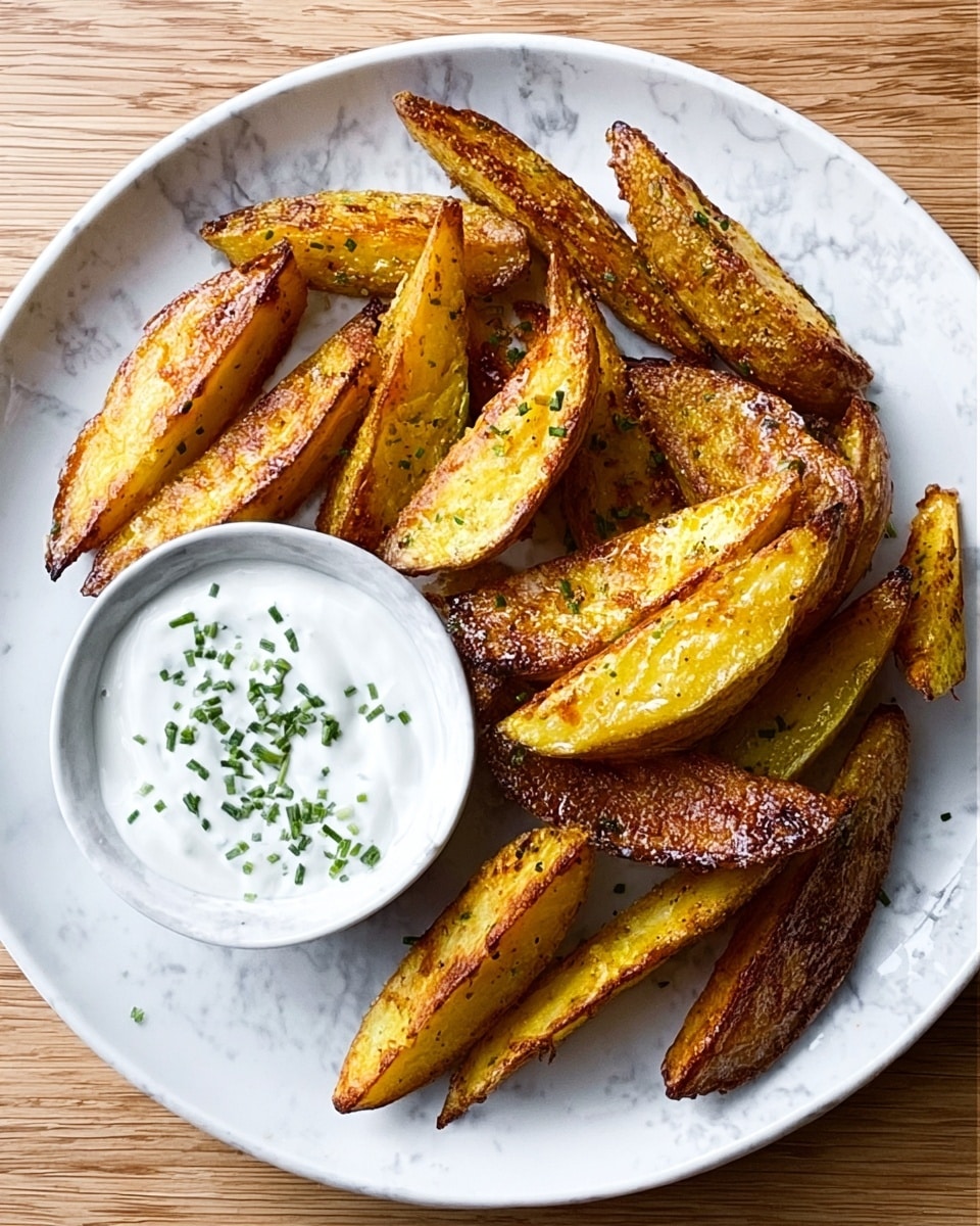 A white plate holds a single layer of golden-brown potato wedges, each with a crispy texture and slightly uneven edges showing a soft, pale yellow inside. On the top left part of the plate, a small white bowl contains white creamy sauce sprinkled with finely chopped green herbs. The plate is placed on a white marbled background showing subtle grey veins, and the overall look is warm and inviting. photo taken with an iphone --ar 4:5 --v 7