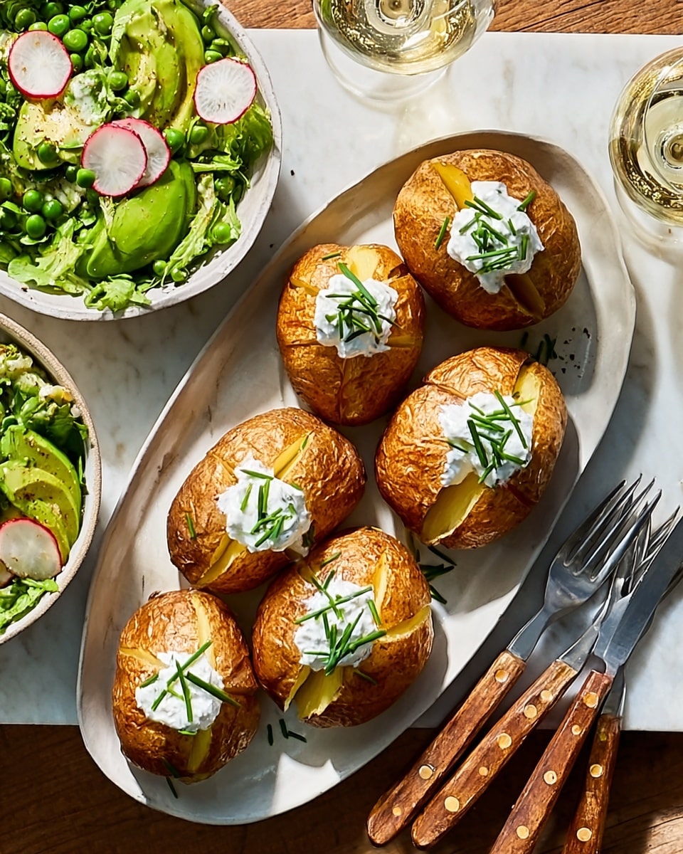 The image shows five baked potatoes with crispy, golden-brown skins arranged on a long oval white plate placed on a white marbled textured surface. Each potato has a cut cross on the top and is topped with a dollop of white sour cream mixed with green herbs. To the left side of the plate is a bowl of fresh mixed green salad with slices of radish and small green beans, and a spoon rests in the bowl. To the right side of the plate are three forks and two knives with wooden handles neatly placed on the white marbled surface. A clear glass of white wine is also visible near the bottom right corner of the image. photo taken with an iphone --ar 4:5 --v 7