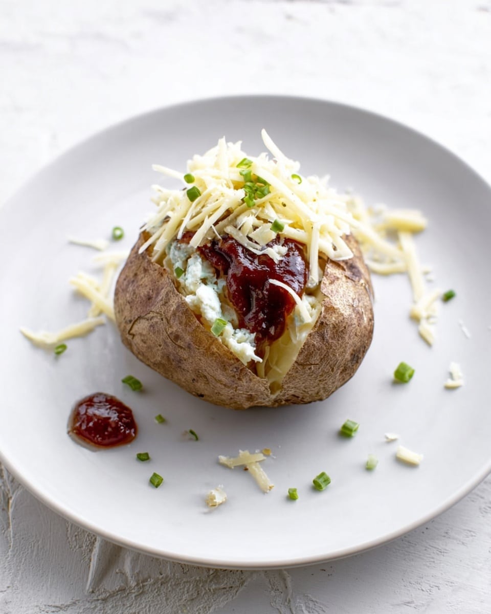 A baked potato sits in the center of a white plate on a white marbled surface, its skin brown and slightly wrinkled. On top of the potato is a soft layer of melted cheese with a creamy white and slightly yellow color. A thick, dark reddish-brown sauce is drizzled over the cheese, adding texture and color contrast. Green chopped scallions are scattered around the potato, giving pops of bright green color. The whole dish is sprinkled with fine ground black pepper, adding tiny black specks. photo taken with an iphone --ar 4:5 --v 7