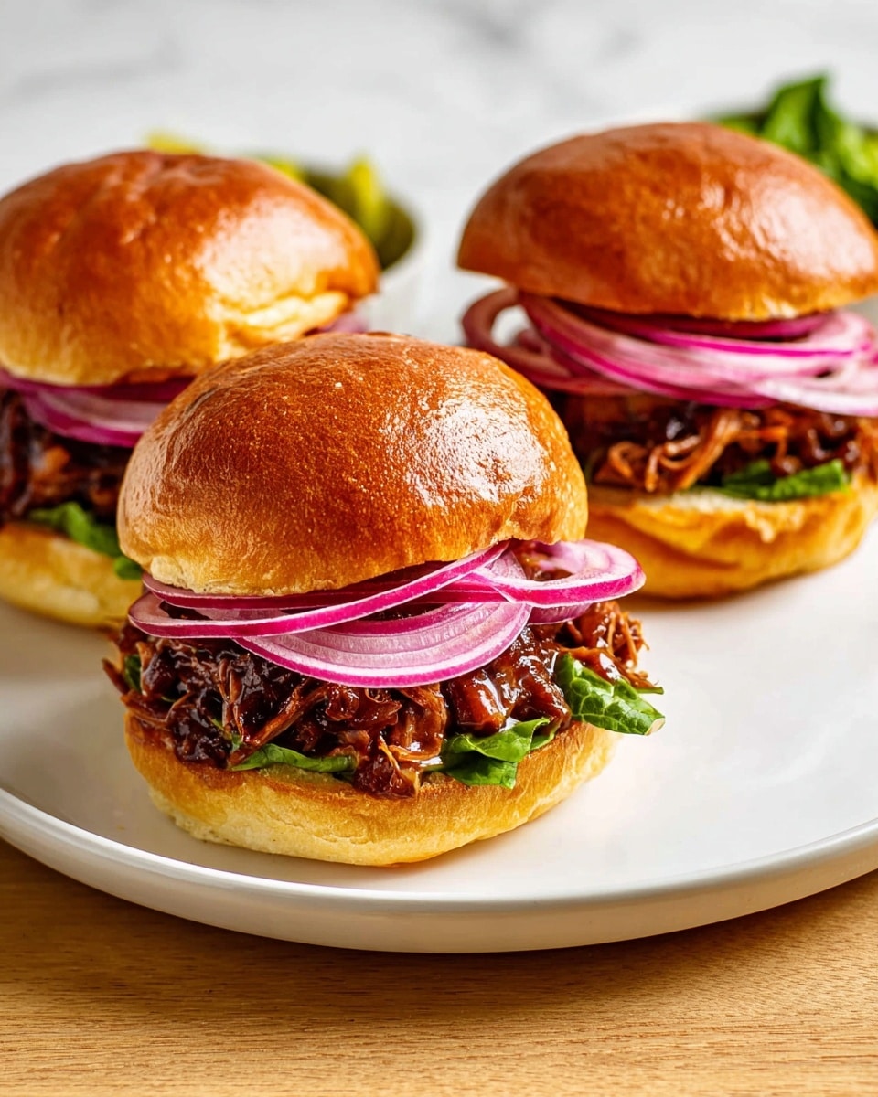 Three burgers are placed on a white plate on a wooden table. Each burger has a shiny dark brown top bun. Below the top bun of each burger, there are layers of bright purple onion rings, dark brown cooked meat, and green lettuce on a light golden bottom bun. The white marbled background provides a clean and bright setting. Photo taken with an iphone --ar 4:5 --v 7