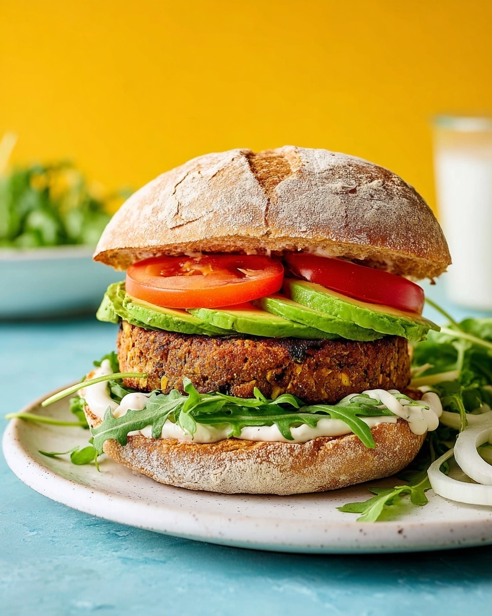 The image shows a sandwich on a white plate with fresh green arugula leaves and thin tomato slices at the bottom, topped by a thick, golden-brown veggie burger patty with a crumbly texture, then smooth dollops of white sauce and green avocado slices on top, all held together by a toasted rustic bun with a cracked, flour-dusted surface. To the side on the plate, there is a small salad of leafy greens and thin white onion slices. A halved lime is in the background on a white marbled surface with a bright yellow backdrop and a blue wall. Photo taken with an iphone --ar 4:5 --v 7