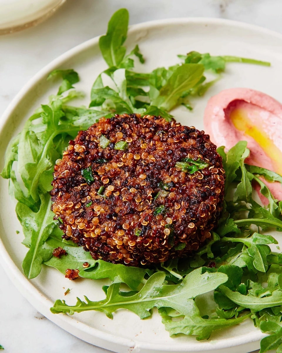 A round, textured quinoa patty with visible black and red quinoa grains and small green herb bits, slightly browned on the outside, sits centered on a white plate. Below the patty is a bed of fresh, bright green arugula and herb leaves spread out loosely, adding a fresh contrast. To the right of the patty, there are streaks of light pink sauce and droplets of olive oil with scattered black pepper, garnished with a few herb sprigs. The plate is set against a white marbled surface. Photo taken with an iphone --ar 4:5 --v 7