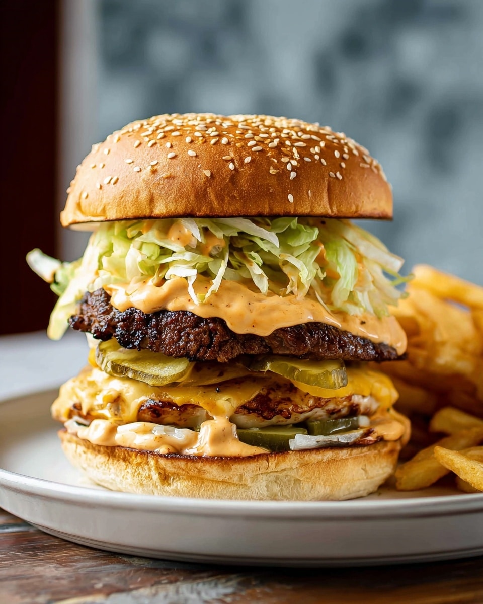 A tall burger sits on a white plate with golden fries on the side, placed on a white marbled surface. The burger has five layers plus the bun: at the bottom, there is a toasted bun with orange sauce spread on it, topped by a slice of yellow cheese. Above that, a thick beef patty rests with green pickle slices on top. Next is a soft, slightly charred middle bun layer with shredded light green lettuce scattered over it. Another juicy beef patty goes above the lettuce, covered with melted orange cheese sauce that drips slightly down the sides. The top layer is a golden-brown sesame seed bun. In the background, a blurry chair and white vase add depth to the scene. Photo taken with an iphone --ar 4:5 --v 7