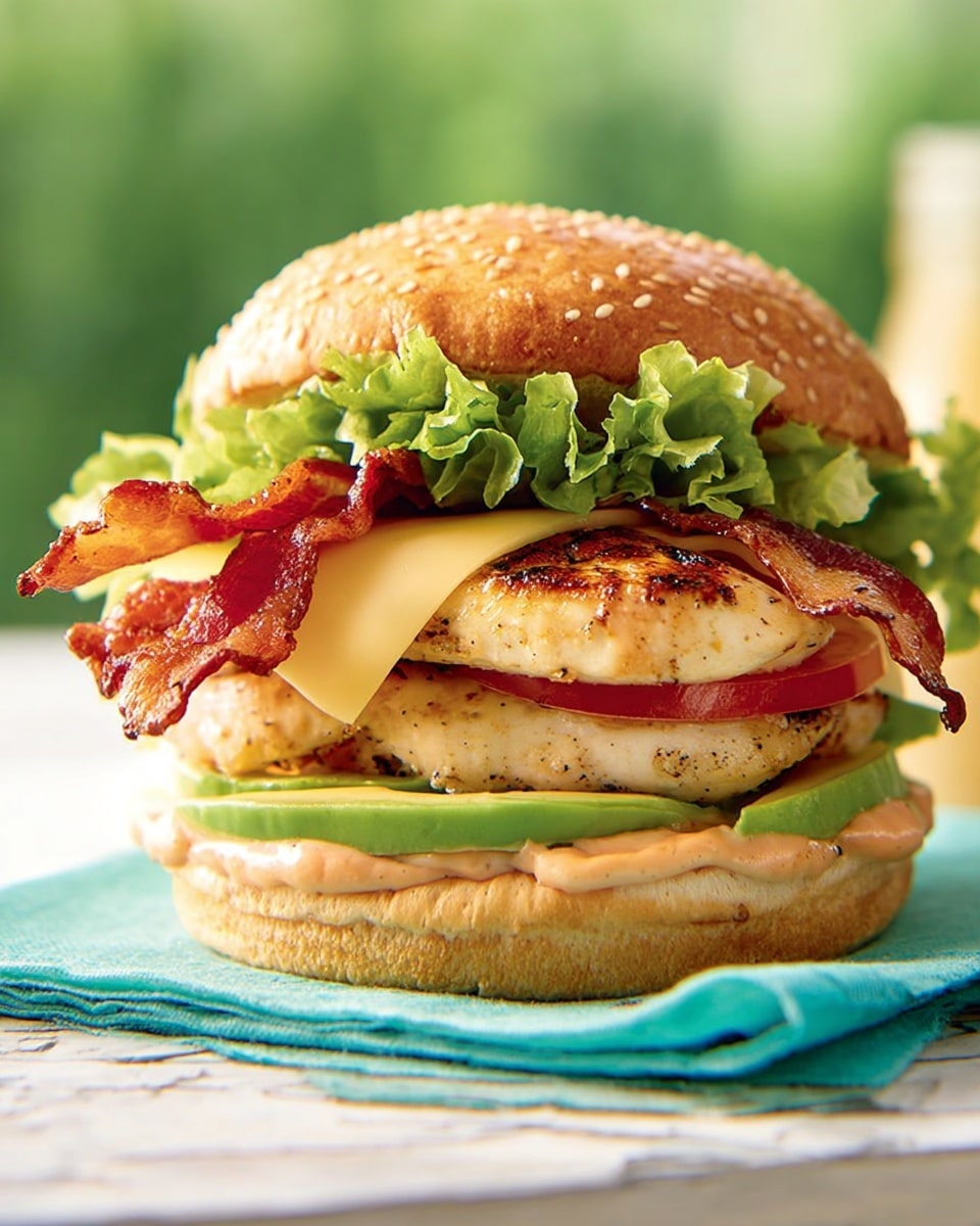 This image shows a tall sandwich with layers starting from the bottom with a light golden toasted bun spread with creamy sauce, topped with slices of green avocado and a thick slice of red tomato. Above that is a grilled chicken fillet with a slice of light yellow cheese melted on it. On top of the cheese, there are crispy brown strips of bacon followed by a large bright green leaf of lettuce. The sandwich is finished with a shiny golden-brown sesame seed bun on top. The sandwich is placed on a light blue napkin on a white wooden table with a soft green background. Photo taken with an iphone --ar 4:5 --v 7