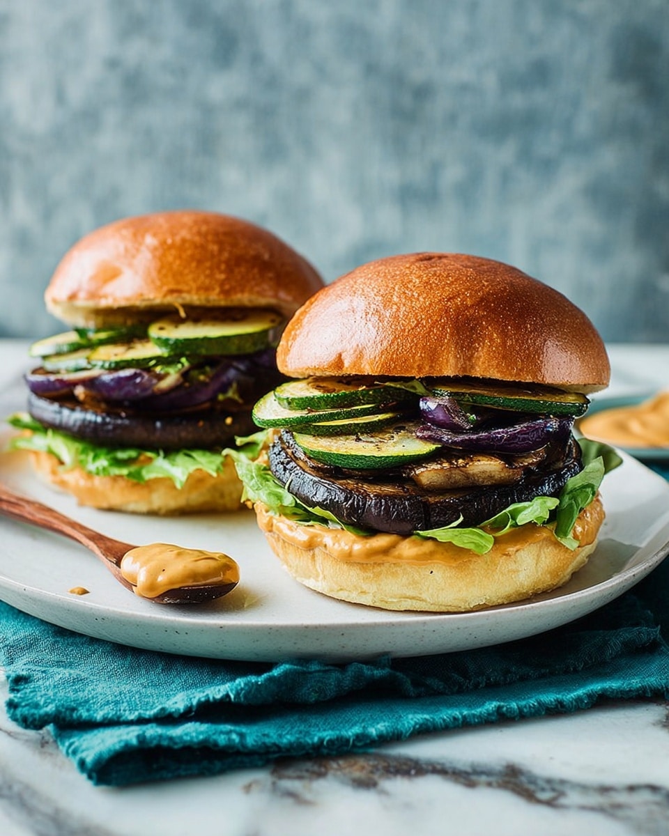 Two portobello burger sandwiches sit on a white plate atop a dark teal cloth, all placed on a white marbled surface. Each sandwich has a shiny golden brown bun with a slightly wrinkled top layer, and beneath the top bun are thin strips of grilled zucchini and purple caramelized onions. Below these is a large, dark brown, thick portobello mushroom cap that looks juicy and grilled. Under the mushroom is a fresh green leaf of lettuce, and spread on the bottom bun is a creamy, light yellow-orange sauce with red flecks, visible on the toasted bottom bun layer. To the side on the plate is a small wooden spreader with a dollop of the same sauce on its tip. The background is a soft, textured gray wall. photo taken with an iphone --ar 4:5 --v 7