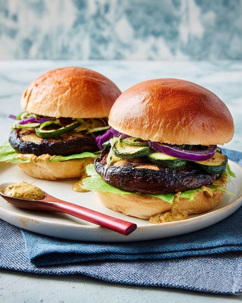 Two burgers on a white plate set on a teal cloth over a white marbled surface. Each burger has a soft, shiny, light brown bun top with a slightly wrinkled texture. Inside, there is a base layer of thick, toasted bun topped with a creamy, yellow sauce spread evenly. Above the sauce is a bright green leaf of lettuce. On the lettuce sits a large, dark brown grilled portobello mushroom with a slightly shiny texture. On top of the mushroom, thinly sliced, light green grilled zucchini ribbons curl gently, mixed with soft, dark purple cooked onions. The plate also holds a small wooden spoon with a bit of yellow sauce near one burger. The background is a muted gray stone texture. photo taken with an iphone --ar 4:5 --v 7