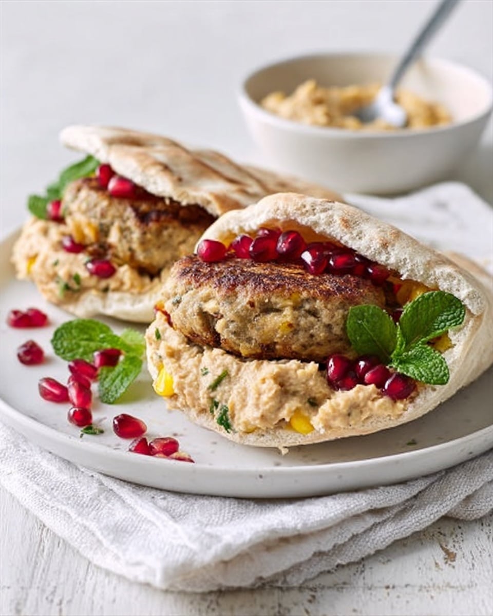 A white pita bread cut open and filled with two pieces of light brown grilled patties, each topped with fresh dark green mint leaves and bright red pomegranate seeds scattered around. Underneath the patties is a spread of creamy light yellow hummus with small red bits. The sandwich is placed on a white plate on top of a white marbled surface with a soft blue patterned cloth beneath. In the background, a white bowl with a spoon holding more of the hummus spread is slightly out of focus. Photo taken with an iphone --ar 4:5 --v 7