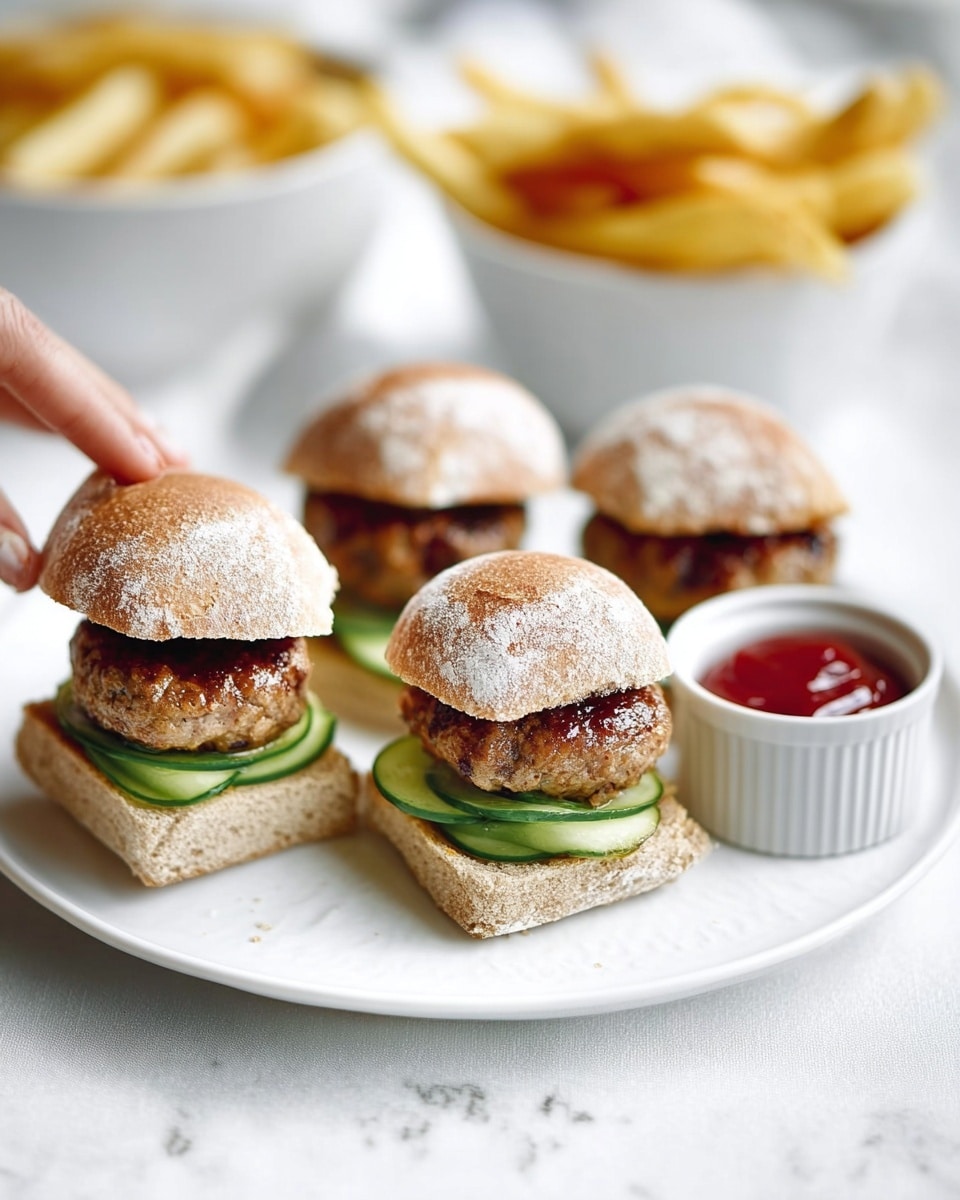 The image shows four small sandwiches placed on a white plate with soft, round whole grain buns dusted with flour on top. Each sandwich has two layers: at the bottom, thin slices of cucumber arranged evenly, and above them, a thick, juicy, brown meat patty. The sandwiches are neatly lined up, with a small white bowl of golden-brown fries in the background and a small white cup of red ketchup beside it. The scene is set on a white marbled surface creating a clean, fresh look. photo taken with an iphone --ar 4:5 --v 7