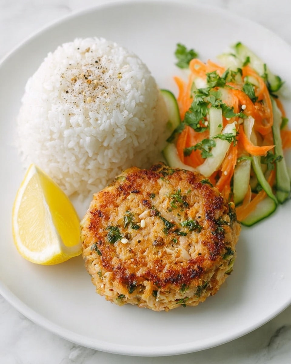 A white plate on a white marbled surface holds a round, golden-brown patty with small green herb bits mixed inside, placed front and center. Behind the patty is a neat mound of fluffy white rice, while to the right side there are thin ribbons of light orange and pale green vegetables, garnished with green herb leaves and sprinkled with black pepper. On the left side of the plate is a small wedge of yellow lemon. The lighting is bright and natural. Photo taken with an iphone --ar 4:5 --v 7