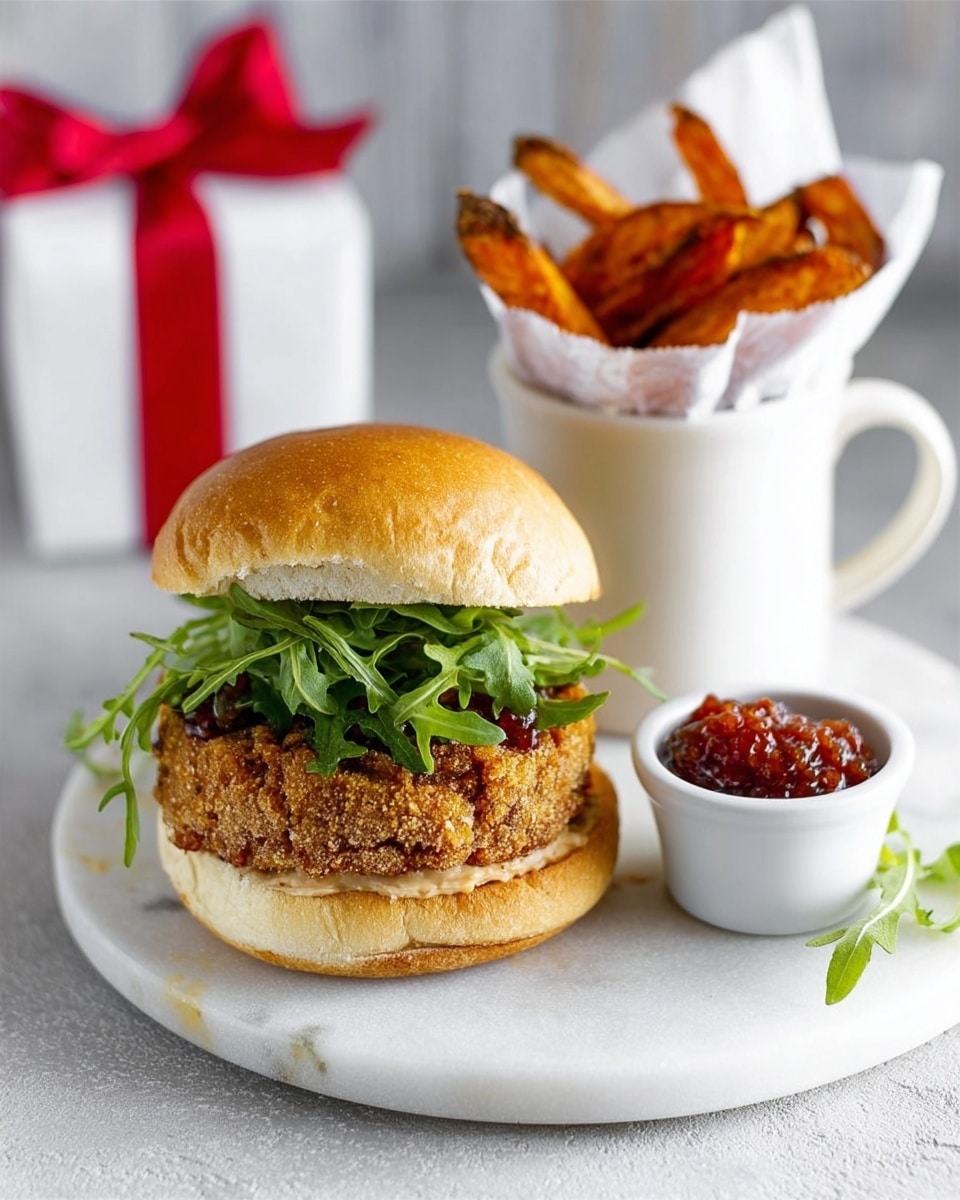 The image shows a food plate with three main parts on a round metal tray placed on a white marbled textured surface. In the center is a sandwich with a light brown soft bun, the bottom half topped with a thick, golden-brown crispy patty, covered with red-brown sauce, and fresh green arugula leaves on top, with the top half of the bun leaning against the patty. On the left side of the tray, there is a white cup filled with golden-orange crispy sweet potato fries wrapped in white paper. Near the cup is a small white ramekin filled with chunky red sauce. A few arugula leaves are scattered on the tray near the sandwich. The background includes a blurred white box with a red ribbon and a white mug on top, slightly out of focus. Photo taken with an iphone --ar 4:5 --v 7