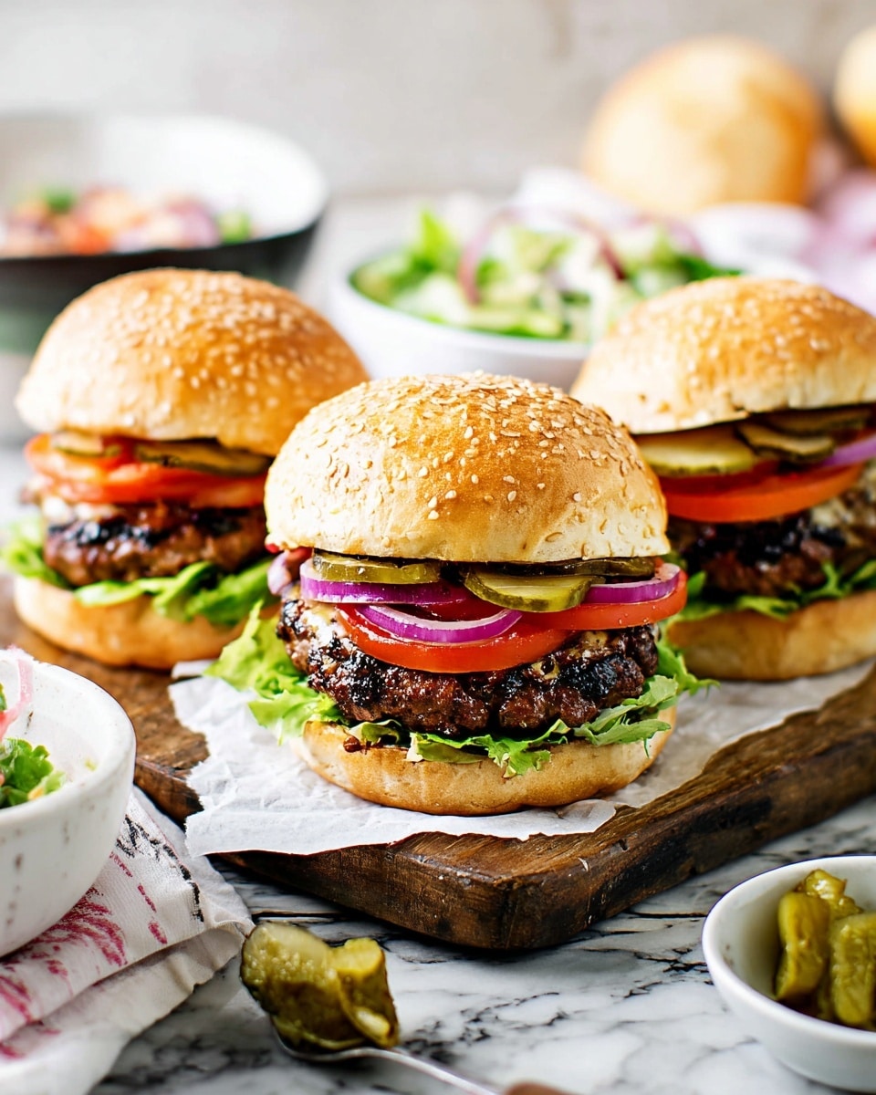 Three burgers sit on a wooden board over a white marbled texture. Each burger has a golden-brown sesame seed bun on top. Below the bun, there are three light green pickle slices and purple onion rings. Under these, there is a thick, grilled beef patty with a dark brown, slightly charred texture. Beneath the patty, red tomato slices and bright green lettuce leaves add fresh color. The bottom layer is a toasted bun with a light spread of sauce. In front of the board, a small spoon with pickles rests on the surface, and a white napkin is placed under one burger. A blurred white bowl of salad is in the background. Photo taken with an iphone --ar 4:5 --v 7