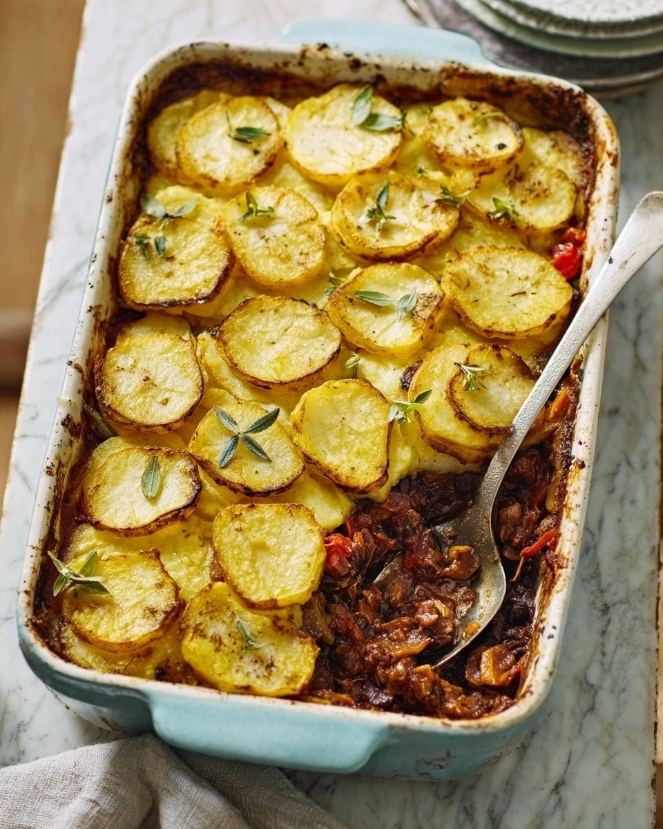 A white rectangular ceramic baking dish filled with a layered potato casserole sits on a white marbled surface. The top layer consists of thin, round slices of golden-yellow potatoes, slightly browned at the edges, and sprinkled with green herbs, possibly thyme. Beneath the potatoes, a thick layer of rich, dark brown stewed meat and vegetables with visible chunks of tomato and a glossy texture fills the dish. A large metal serving spoon rests inside the dish on the left side, ready to scoop out a portion. The dish is placed on a white cloth with a red pattern underneath. Photo taken with an iphone --ar 4:5 --v 7
