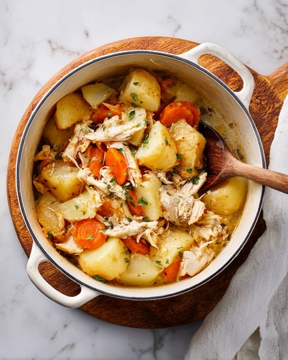 The image shows a white pot filled with a cooked stew. The dish has multiple layers: the bottom has chunks of golden-brown roasted potatoes, mixed with bright orange carrot slices. On top and around, there are pieces of shredded cooked chicken with a light beige color. The dish also contains softer potato cubes with a pale yellow color, all coated in a light broth or sauce. A wooden spoon rests inside, stirring some of the ingredients. The pot is placed on a round wooden board on top of a white marbled surface with a beige cloth nearby. Photo taken with an iphone --ar 4:5 --v 7