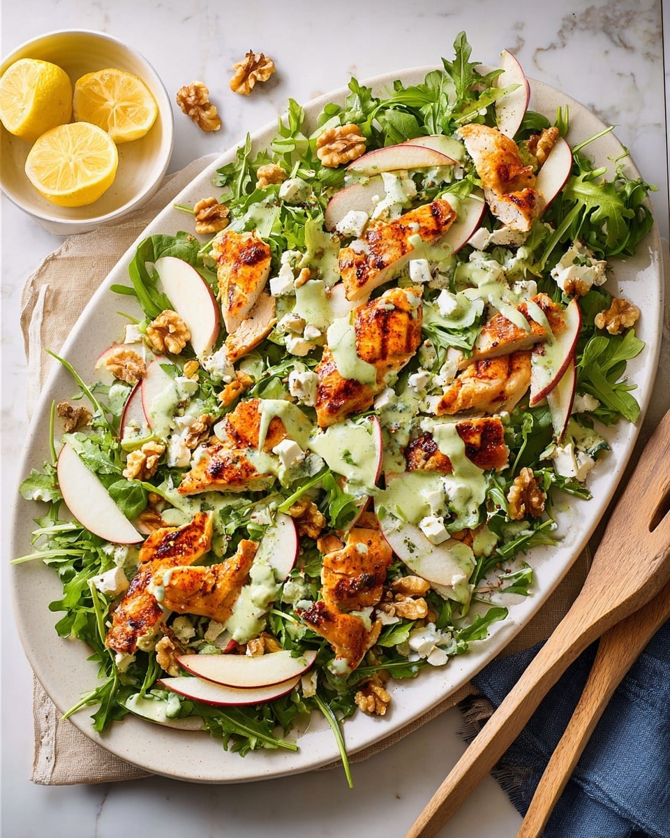 A large white oval plate holds a fresh salad with several layers, starting with a base of bright green arugula and mixed leafy greens spread out unevenly. Over this base are scattered thin slices of pale red apple, small chunks of golden brown grilled chicken with char marks, and rough pieces of light brown walnut. Dots and drizzles of creamy light green dressing are spread unevenly over the salad, along with bits of crumbled white cheese. Two wooden serving spoons rest on top, and to the side, a small white bowl with lemon wedges sits on a white marbled surface with a dark blue cloth nearby. Photo taken with an iphone --ar 4:5 --v 7