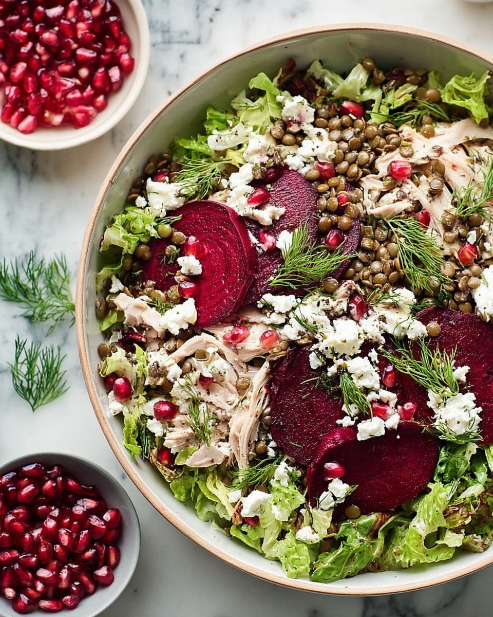A white bowl filled with a colorful salad shows several layers starting with a base of mixed green leafy vegetables and small cooked lentils, giving a fresh and textured look. On top, there are larger pieces of shredded chicken mixed with slices of deep red roasted beets that add rich color. Scattered bright red pomegranate seeds and crumbled white cheese add pops of color and softness across the dish. Some sprigs of fresh green herbs are spread over the top, enhancing the vibrancy. Nearby, a small white bowl holds extra shiny red pomegranate seeds, resting on a white marbled surface. photo taken with an iphone --ar 4:5 --v 7