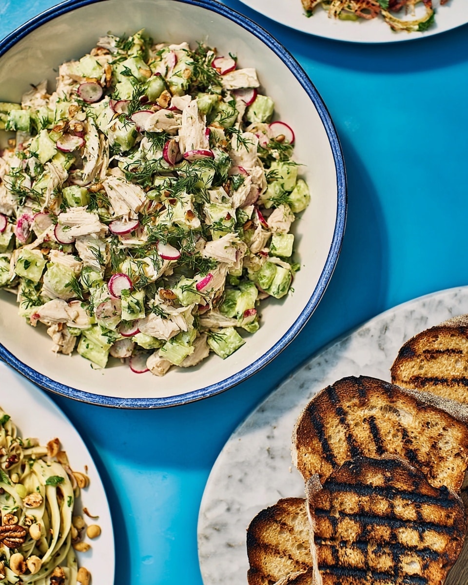 A large white plate filled with a chopped salad made of pale green celery, white shredded chicken, small pink radish pieces, and bright green dill scattered on top, all mixed together with a light dressing with visible black pepper; to the right, several pieces of grilled bread with dark brown grill marks rest on a small white plate; the whole setting is placed on a white marbled surface with a blue background visible in the back. photo taken with an iphone --ar 4:5 --v 7