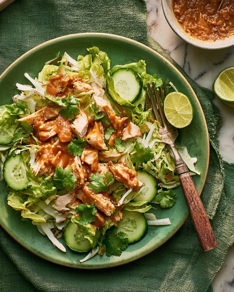 A round white plate holds a colorful salad with three main layers: the bottom layer is made of fresh green lettuce leaves and cucumber slices curved around the edges; the middle layer has shredded pale bean sprouts and white cabbage mixed with chopped cooked chicken pieces that have a light brown sauce on them; the top layer is sprinkled with green cilantro leaves and drizzled with a thick brown peanut sauce. A lime wedge sits on the lower left side of the plate while a fork with a silver top and wooden handle rests on the lower right side atop the plate. The plate is placed on a textured green cloth over a white marbled surface. In the top left corner, part of a white bowl with a reddish brown sauce is visible. photo taken with an iphone --ar 4:5 --v 7