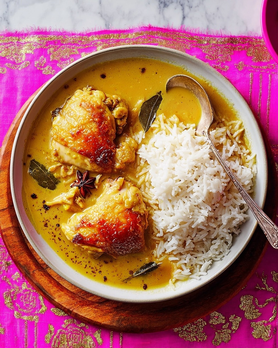 A close-up of a meal on a white plate featuring two golden-brown cooked chicken pieces covered in thick yellow curry sauce with visible green leaves and a star anise. The right side of the plate is filled with fluffy white rice with a silver spoon resting on it. The plate is set on a white marbled textured surface with a purple cloth and pink patterned cloth partially visible. Photo taken with an iphone --ar 4:5 --v 7