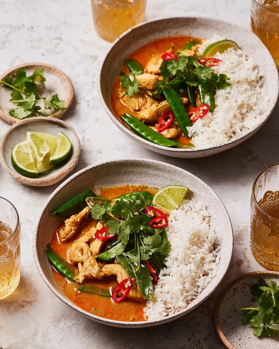 Two white speckled bowls are filled with a meal arranged in two main sections: on one side, plain white rice with a lime wedge on the edge, and on the other side, chicken pieces and bright green snap peas covered in thick orange curry sauce. The curry is topped with fresh green cilantro leaves and thin red chili slices. The bowls are placed on a light cloth and a white marbled surface, with small dishes of red chili slices and black pepper, a small plate with cilantro and lime wedges, and two glasses with light-colored drinks around them. The photo taken with an iphone --ar 4:5 --v 7