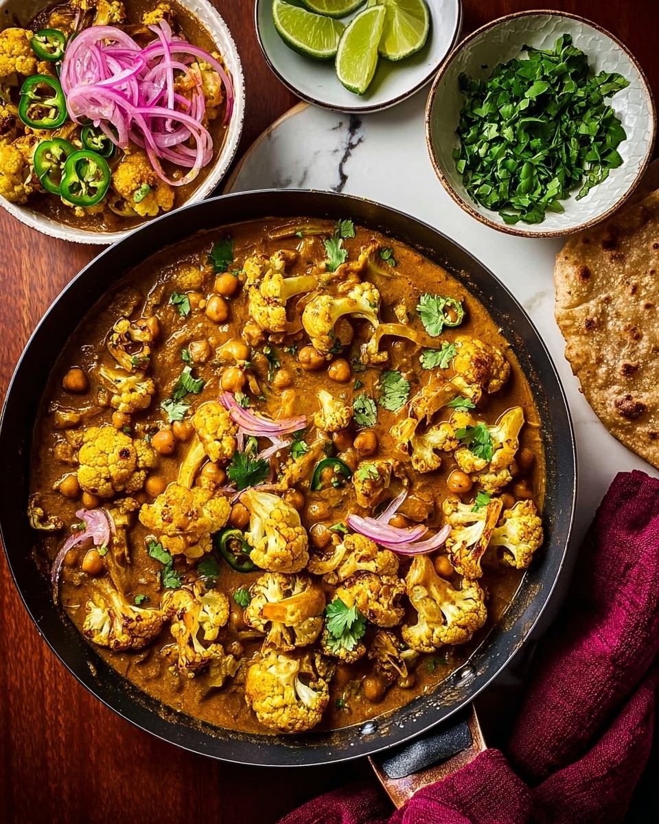 A large black pan filled with cooked cauliflower pieces in a yellow curry sauce with visible chickpeas and caramelized onions scattered throughout, topped with fresh green cilantro leaves; to the left, a white bowl holds thinly sliced purple pickled onions, and beside it is a glass of beer with foam; at the bottom left corner, a white bowl contains lime wedges; in the lower part, a copper bowl shows a small serving of the cauliflower curry garnished with a green chili slice and pickled onions, next to a piece of flatbread; on the right, a white plate holds a stack of round, brown flatbreads with a small brown bowl of green cilantro leaves above it and another small brown bowl filled with sliced green jalapeños; all the items sit on a white marbled surface with a red cloth napkin under the pan’s handle photo taken with an iphone --ar 4:5 --v 7
